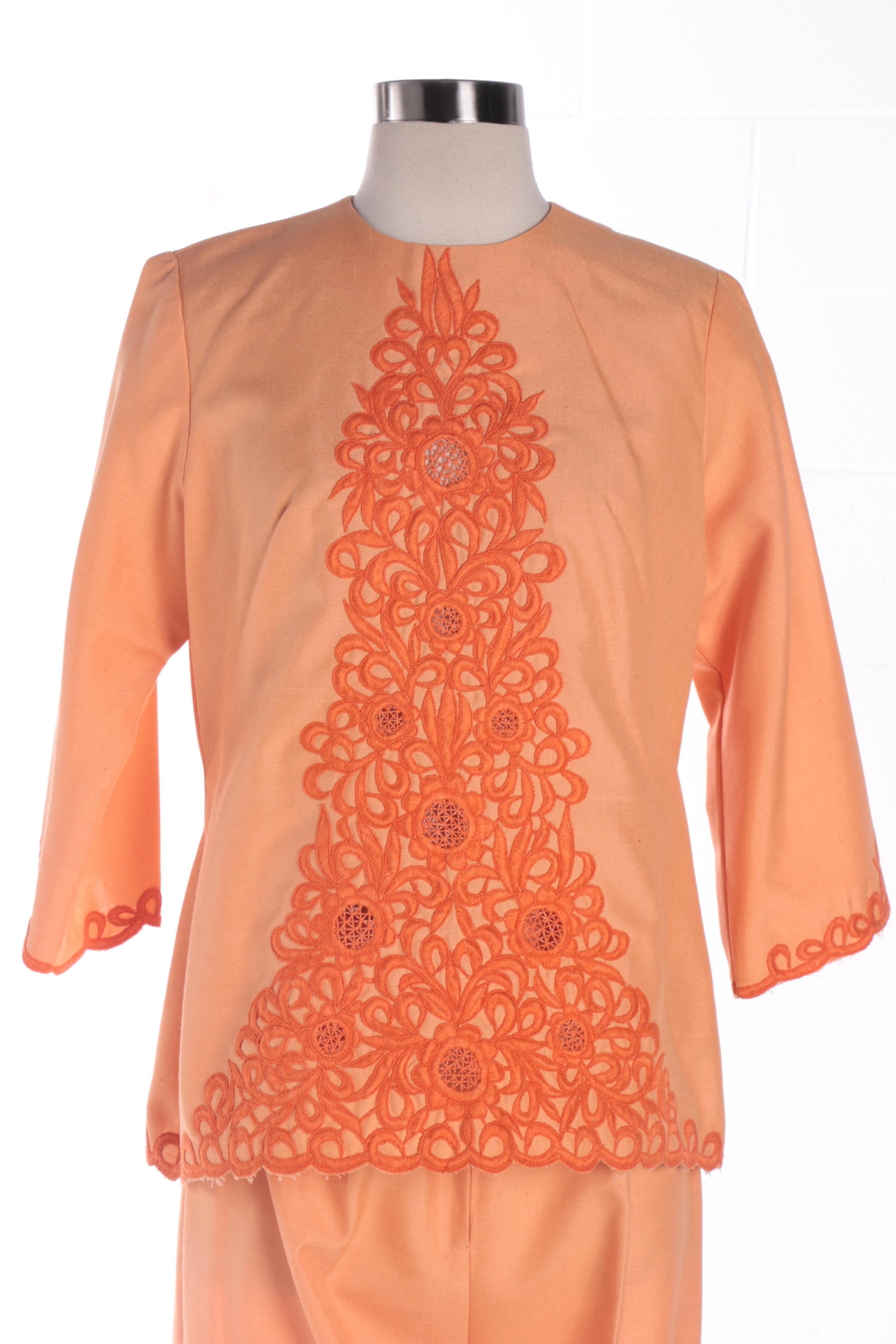 Women's 1960s Vintage Orange Linen Blend Floral Embroidered Blouse and Pant Set