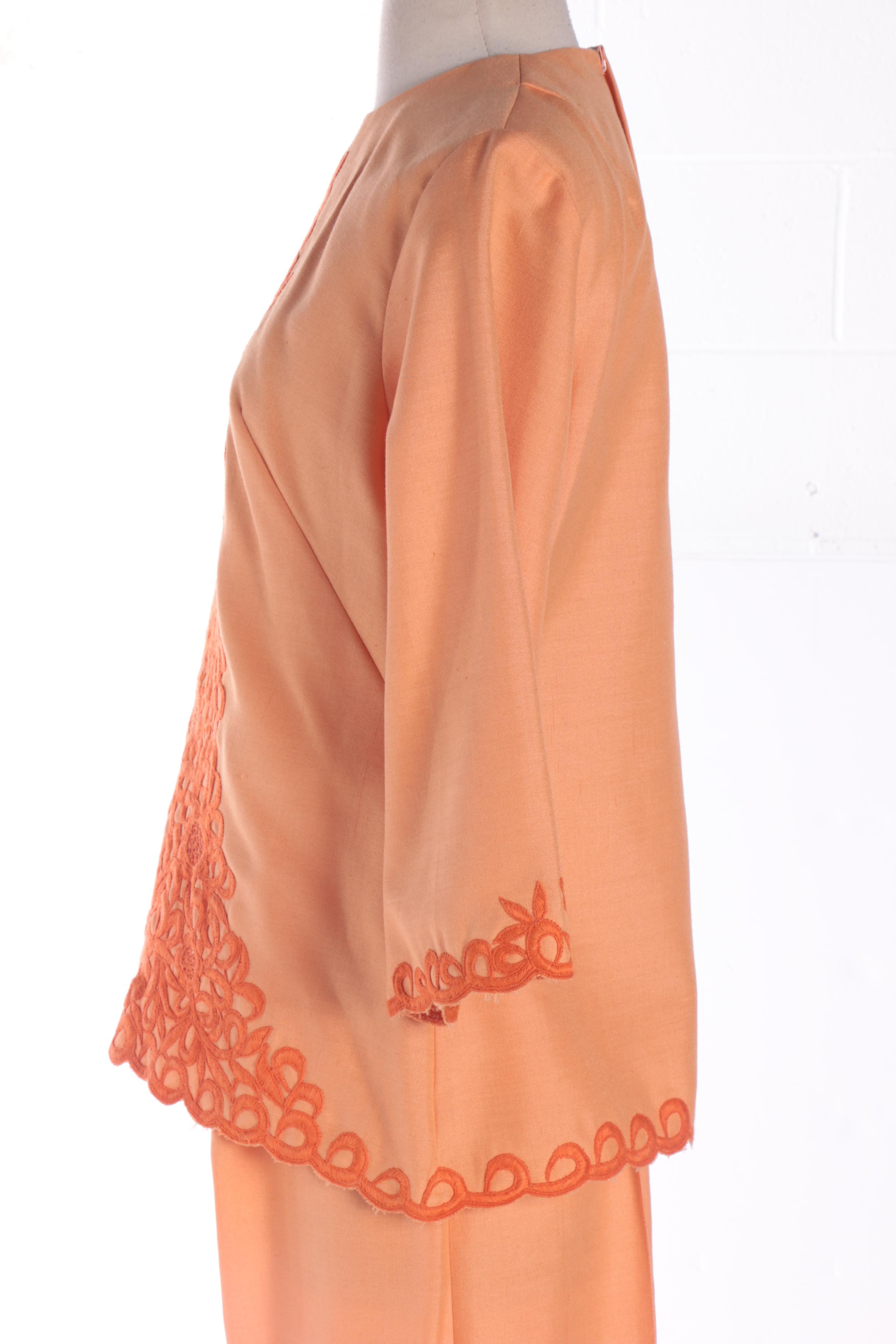 Women's 1960s Vintage Orange Linen Blend Floral Embroidered Blouse and Pant Set