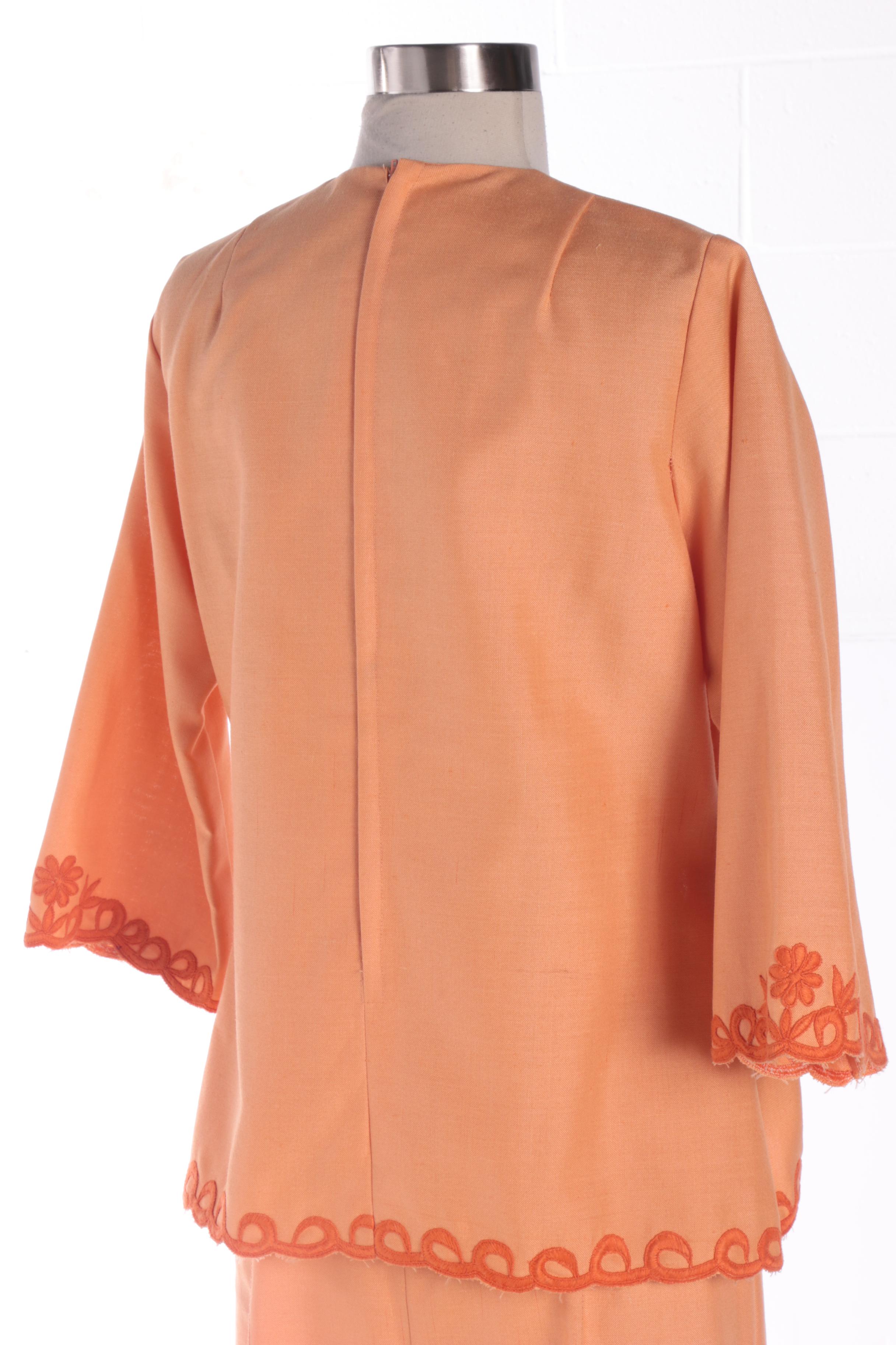 Women's 1960s Vintage Orange Linen Blend Floral Embroidered Blouse and Pant Set