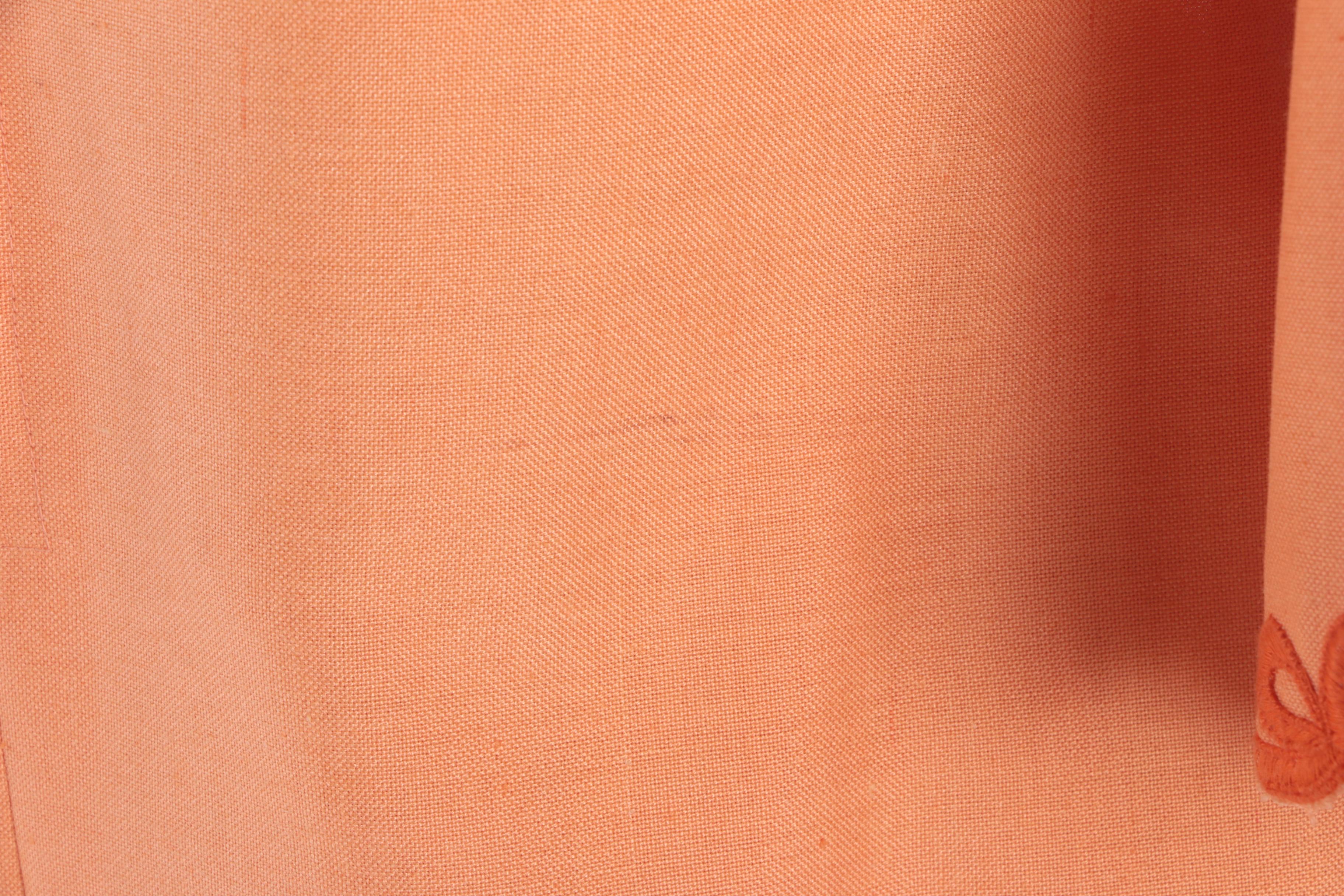 Women's 1960s Vintage Orange Linen Blend Floral Embroidered Blouse and Pant Set