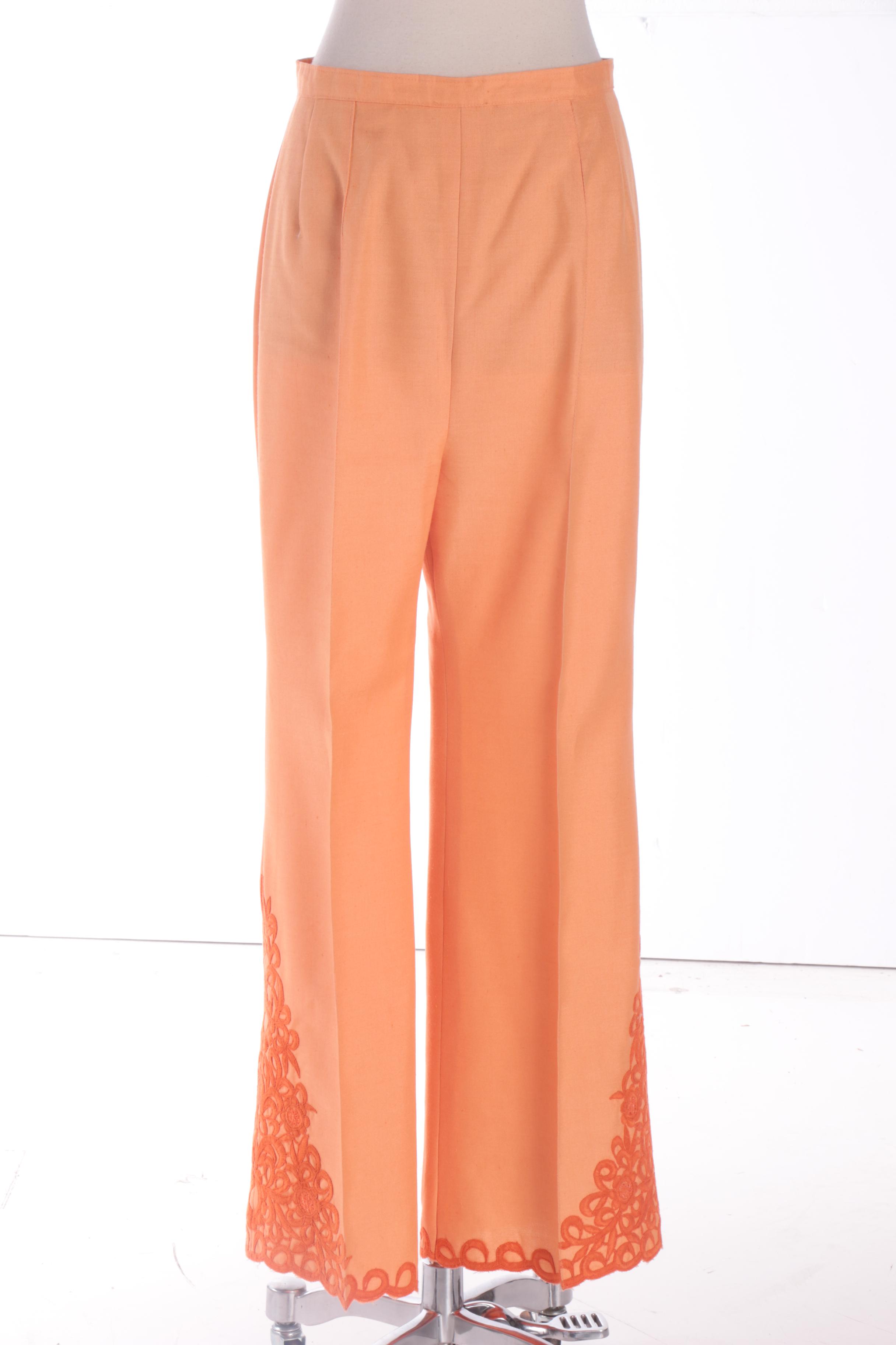 Women's 1960s Vintage Orange Linen Blend Floral Embroidered Blouse and Pant Set