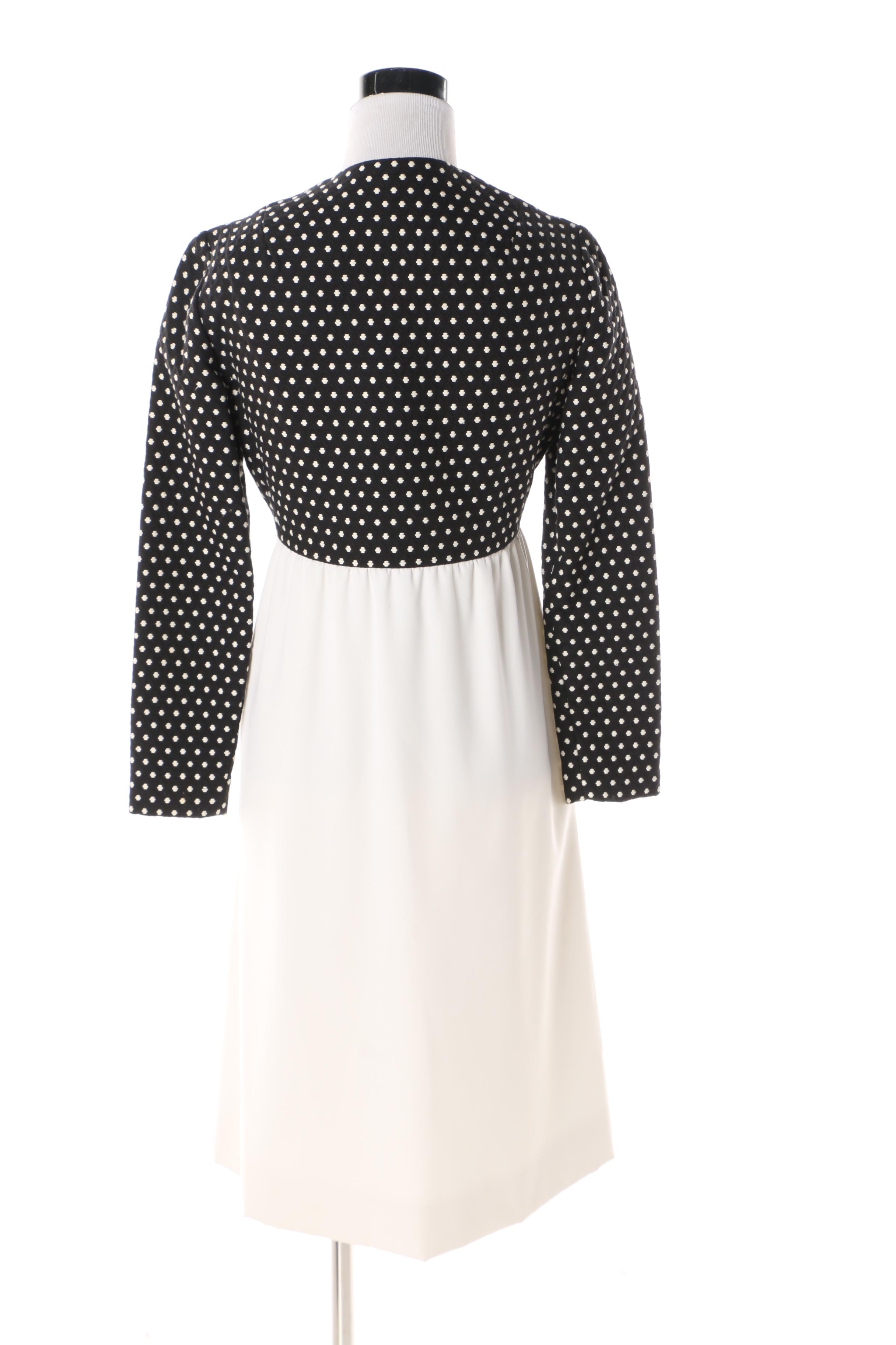 1960s Rodrigues Black and White Mod Print Dress with Rhinestone Buttons