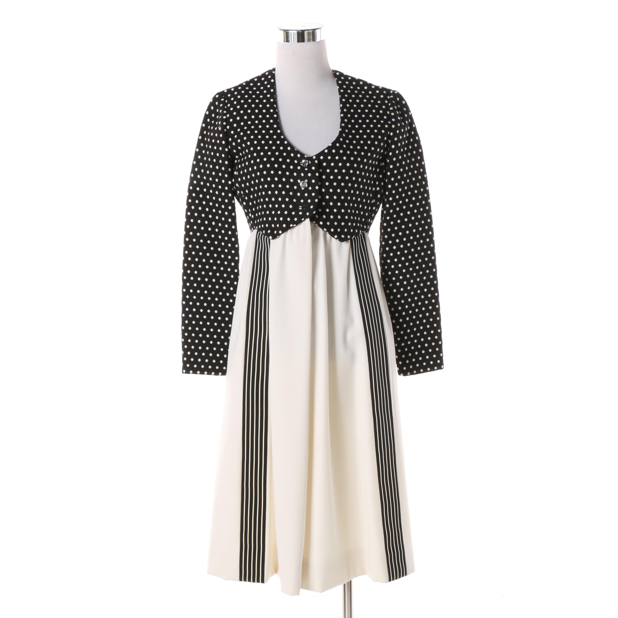 1960s Rodrigues Black and White Mod Print Dress with Rhinestone Buttons