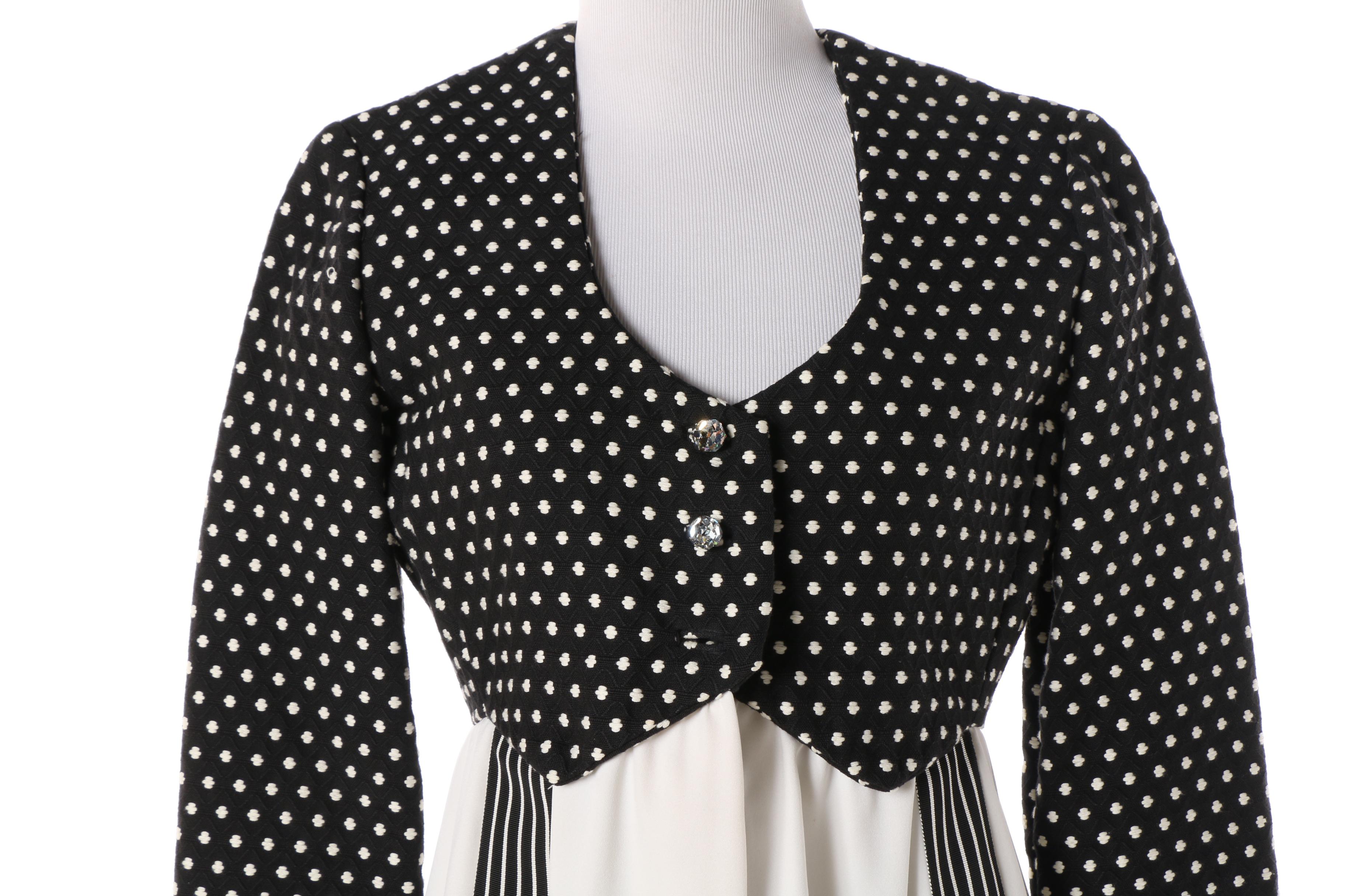 1960s Rodrigues Black and White Mod Print Dress with Rhinestone Buttons