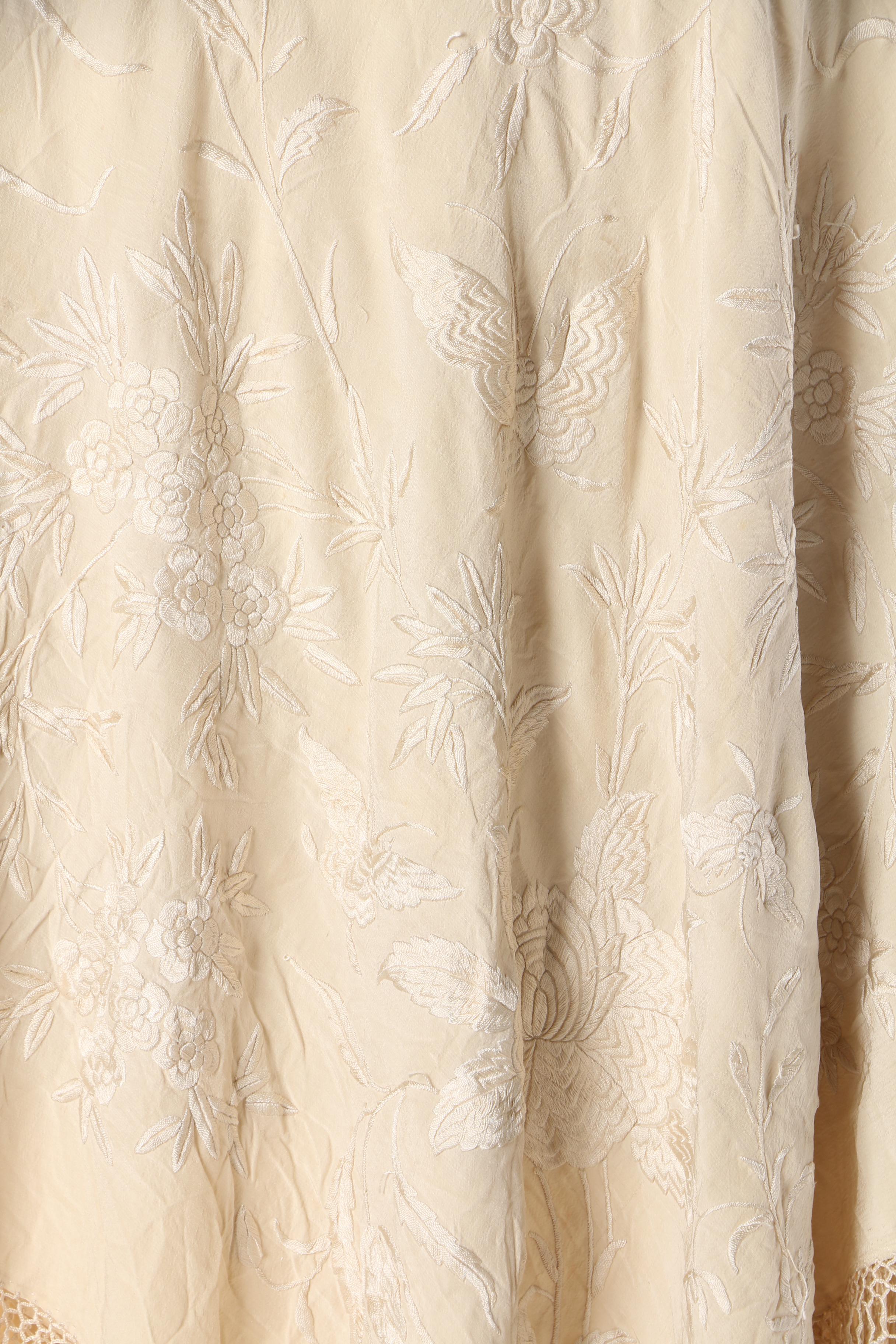 Antique Cream Embroidered Silk Piano Shawl