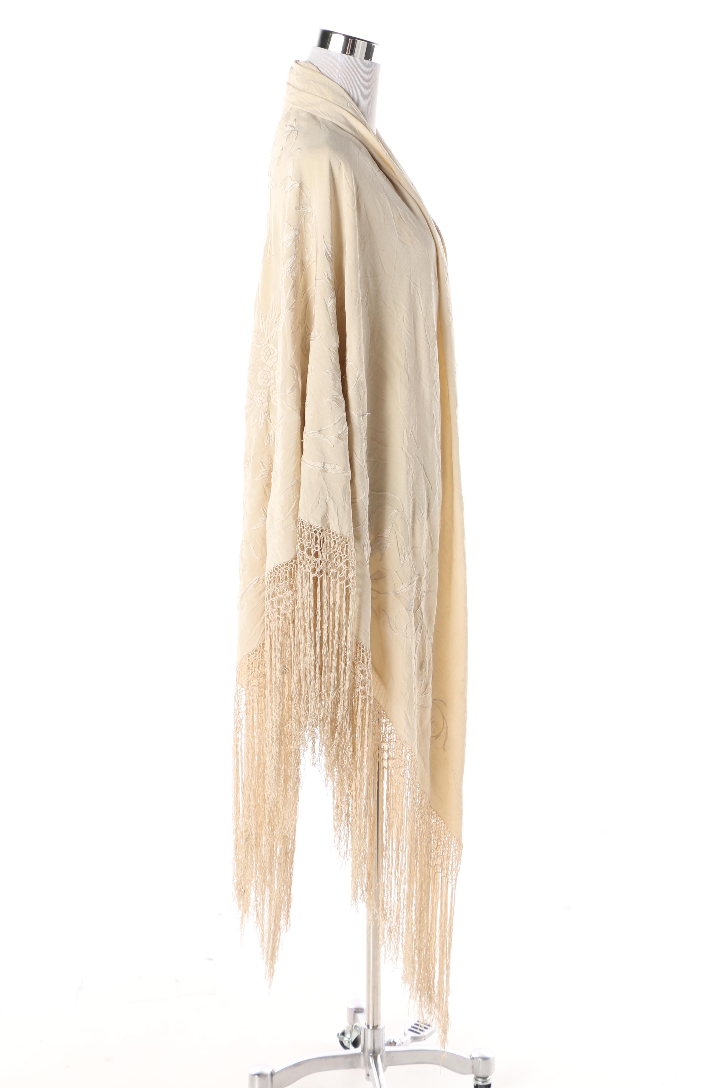 Antique Cream Embroidered Silk Piano Shawl