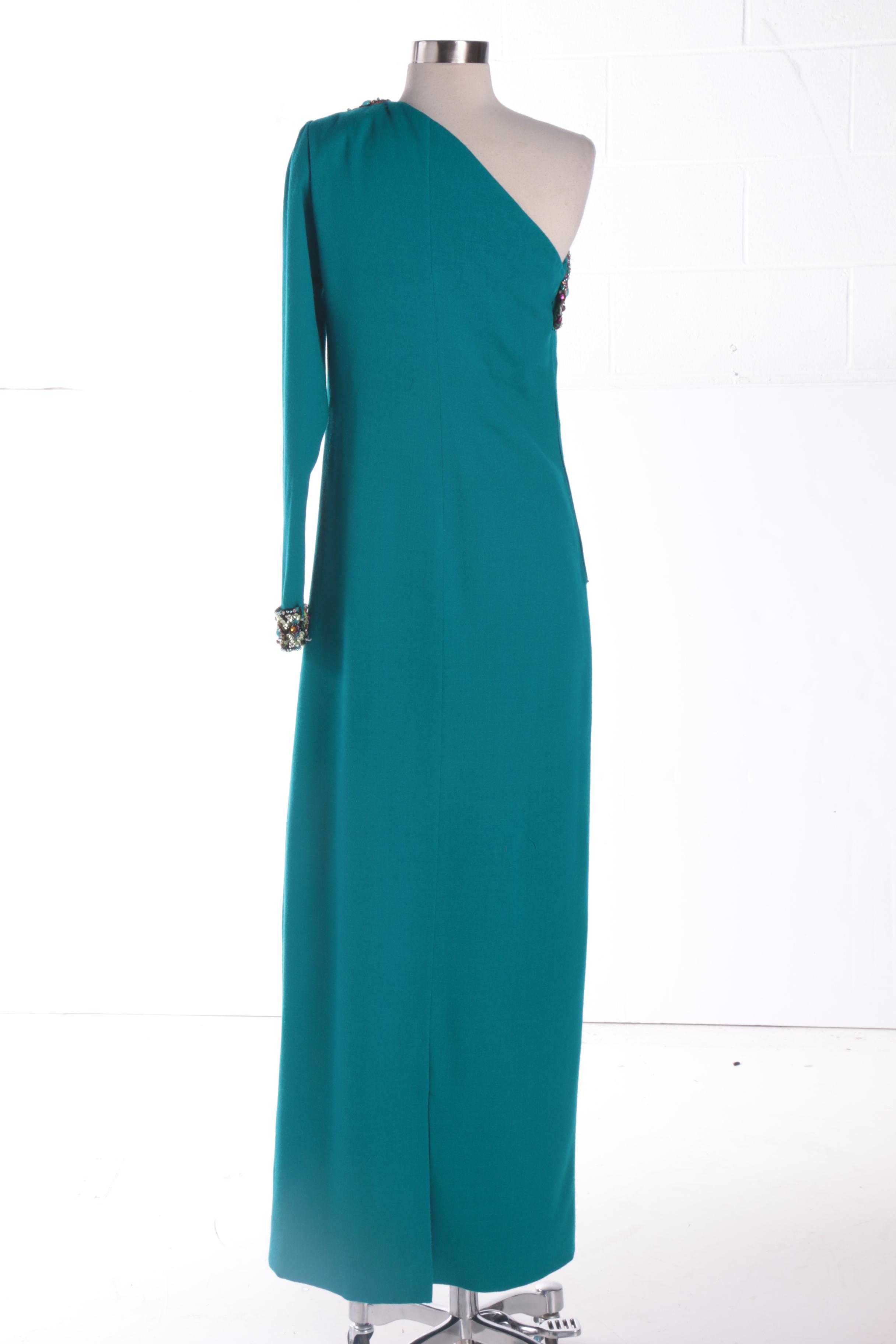 Women's 1980s Teal Wool Blend One-Shoulder Dress with Beaded Details