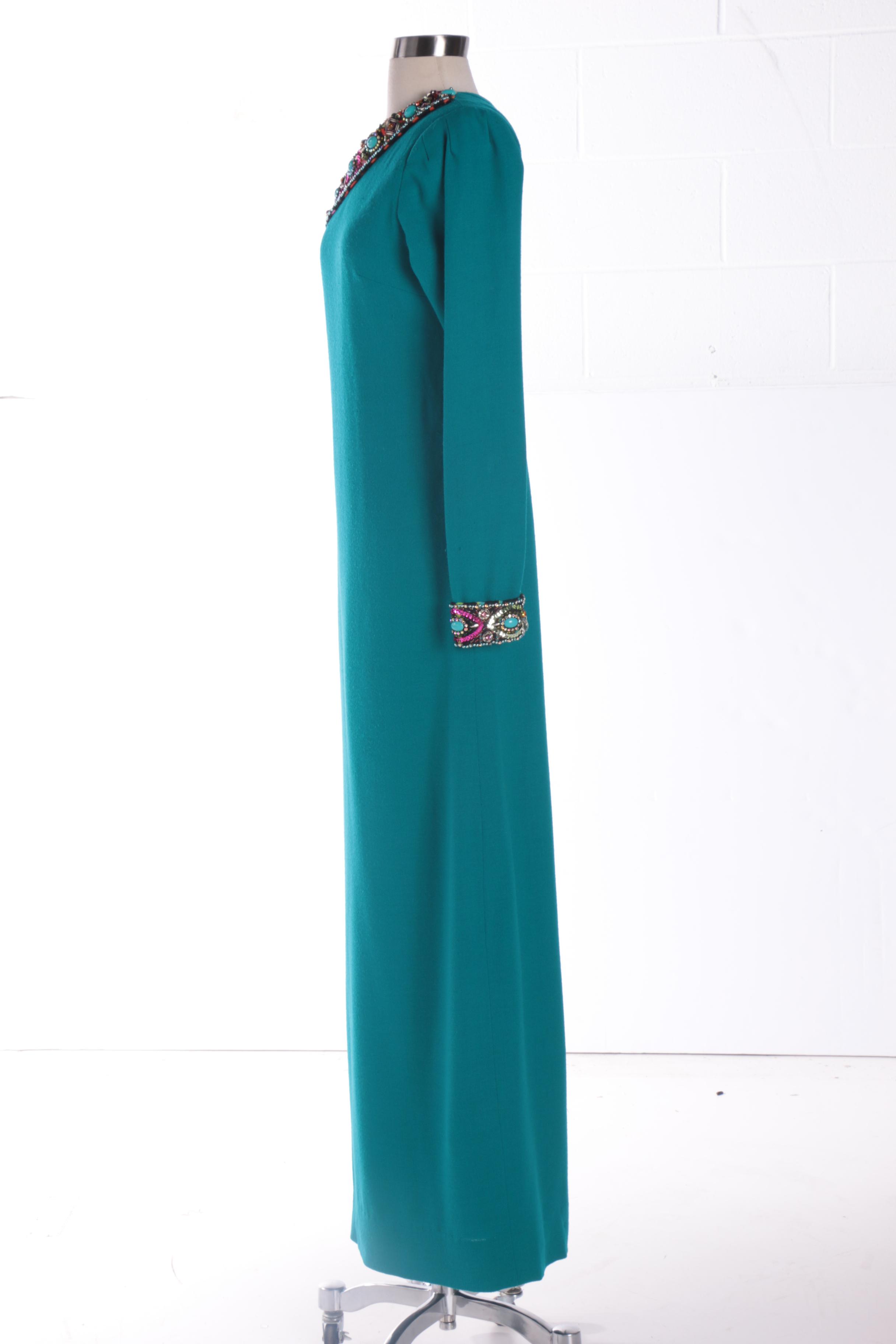 Women's 1980s Teal Wool Blend One-Shoulder Dress with Beaded Details