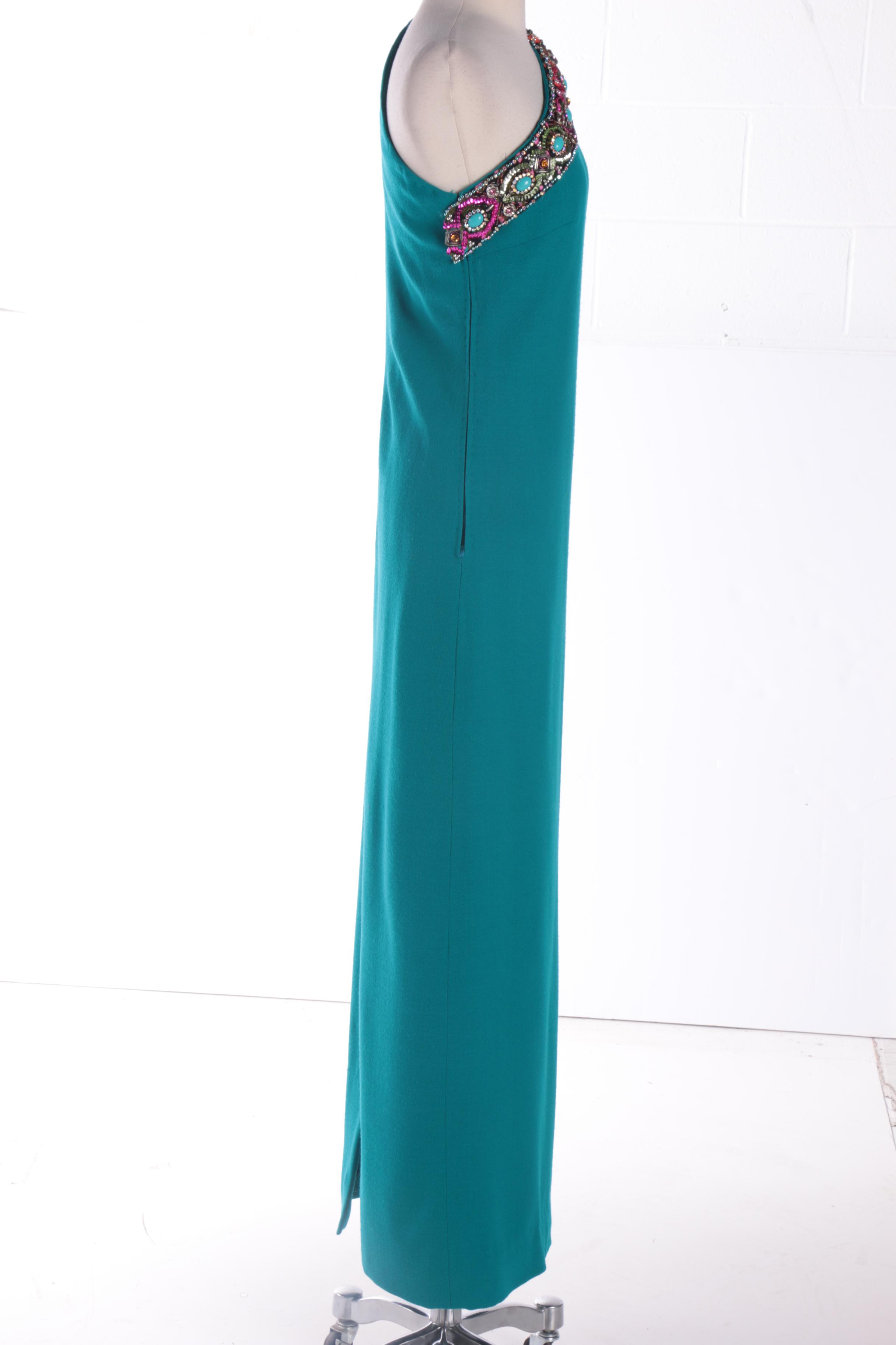 Women's 1980s Teal Wool Blend One-Shoulder Dress with Beaded Details