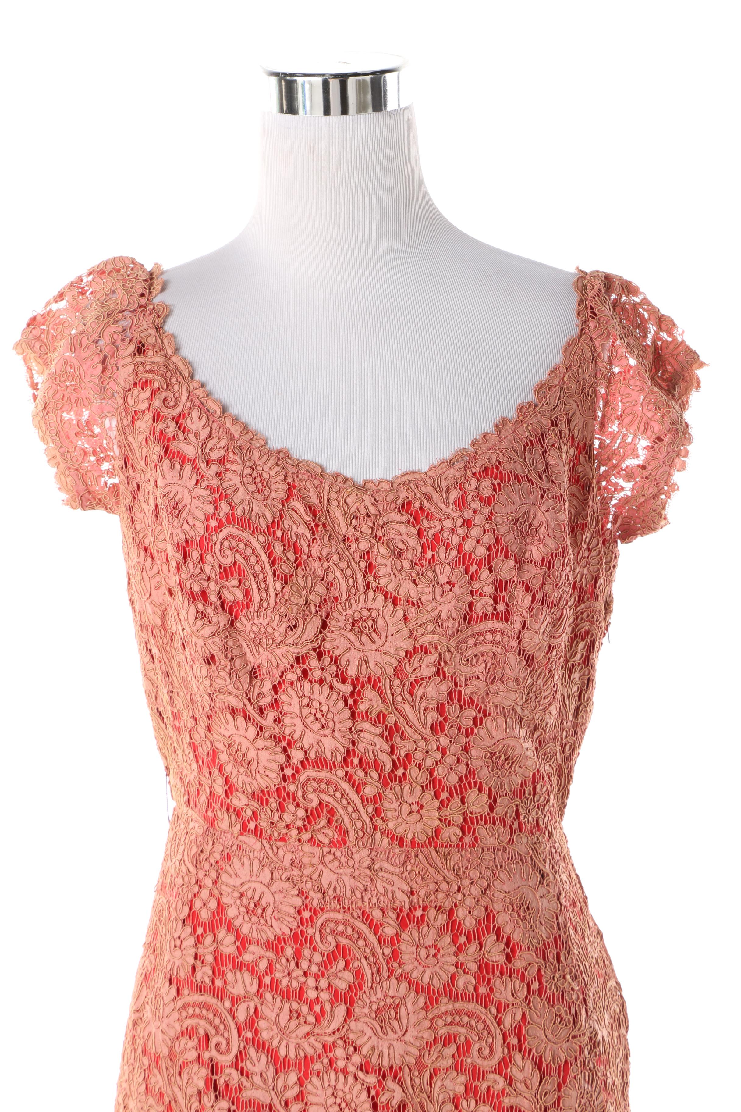 Women's 1950s Traina-Norell for Bonwit Teller Red and Pink Silk and Lace Dress