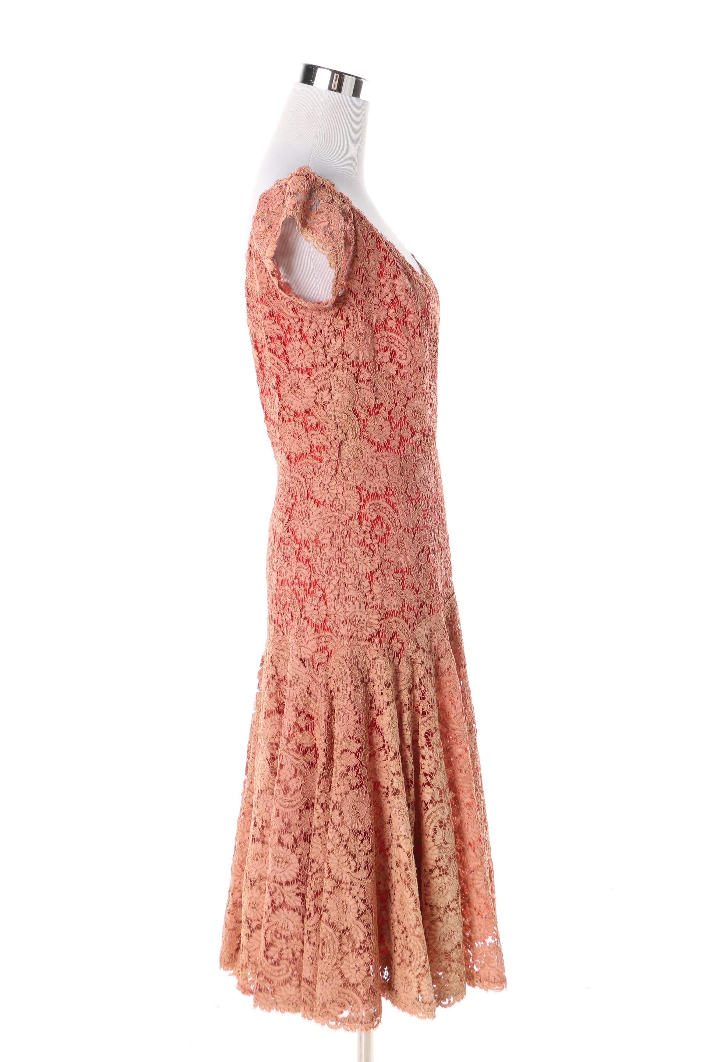 Women's 1950s Traina-Norell for Bonwit Teller Red and Pink Silk and Lace Dress