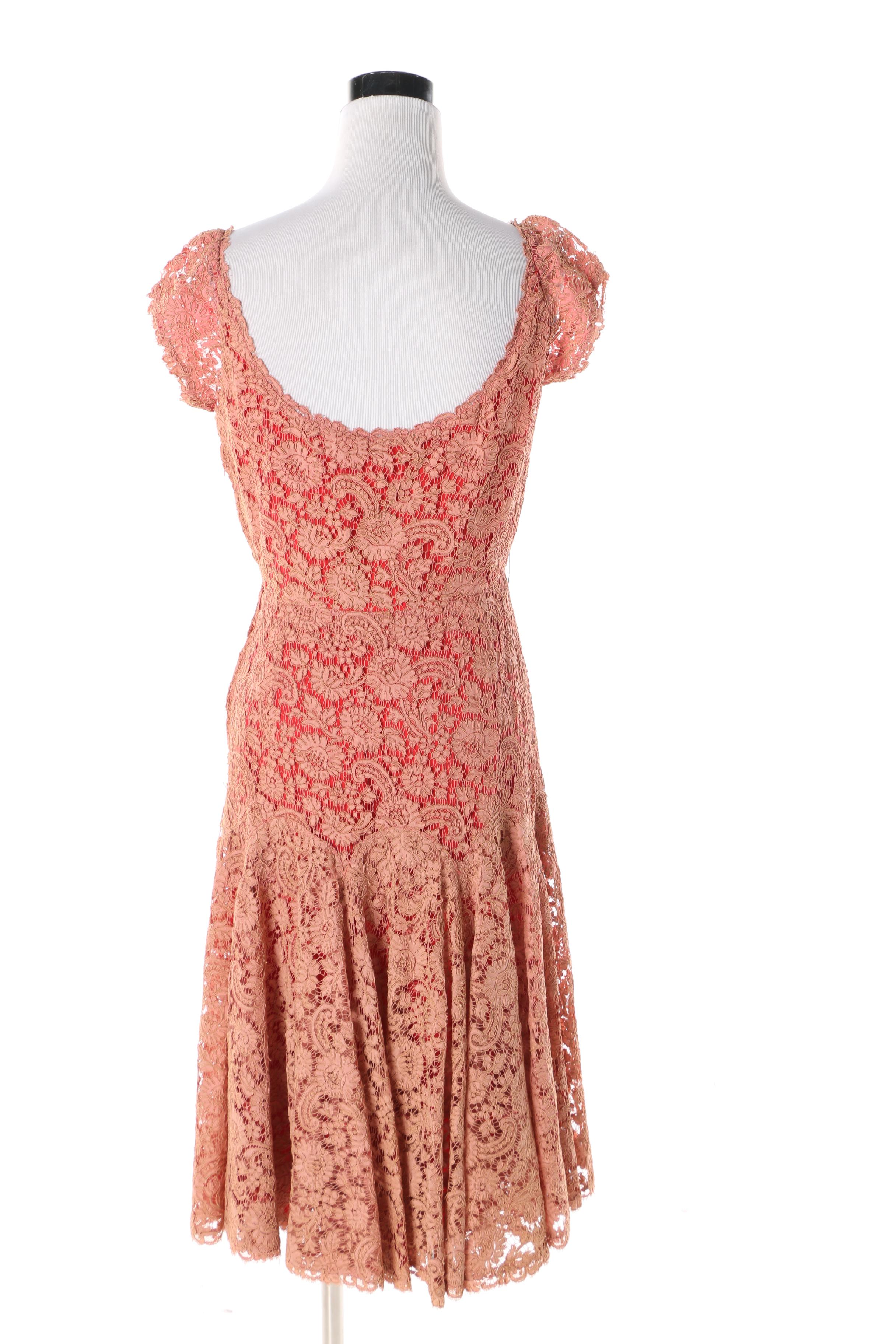 Women's 1950s Traina-Norell for Bonwit Teller Red and Pink Silk and Lace Dress