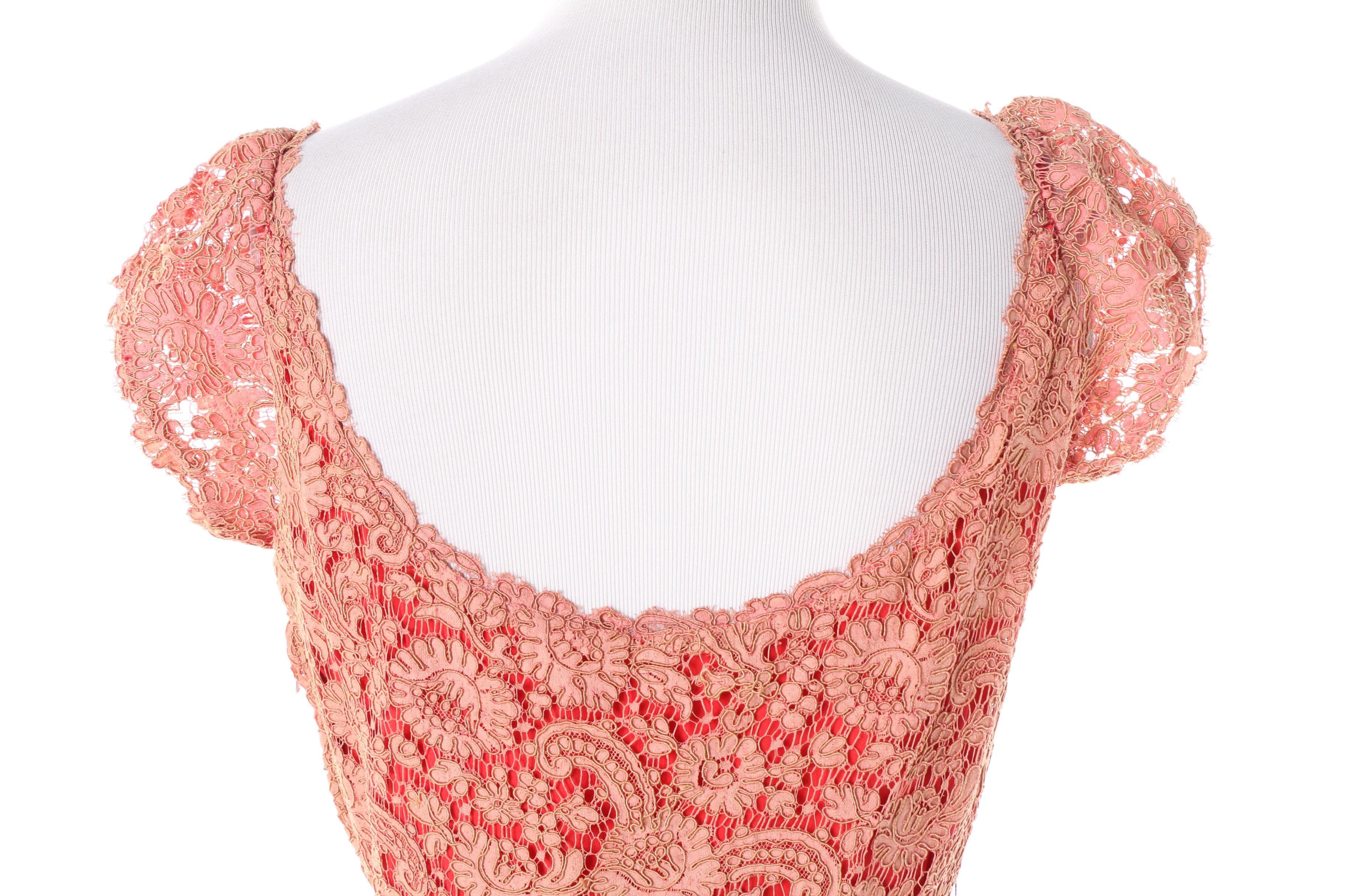 Women's 1950s Traina-Norell for Bonwit Teller Red and Pink Silk and Lace Dress