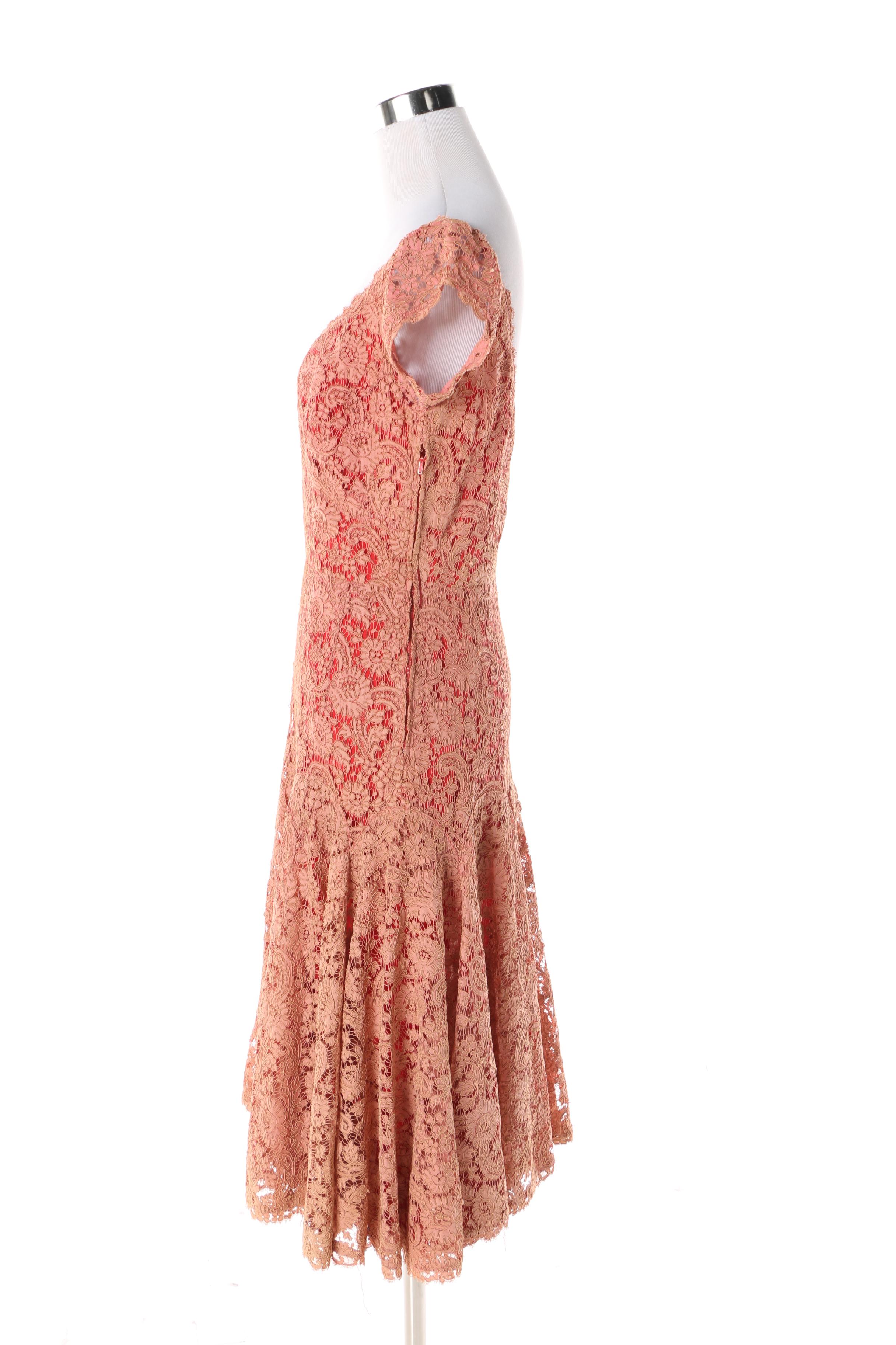 Women's 1950s Traina-Norell for Bonwit Teller Red and Pink Silk and Lace Dress