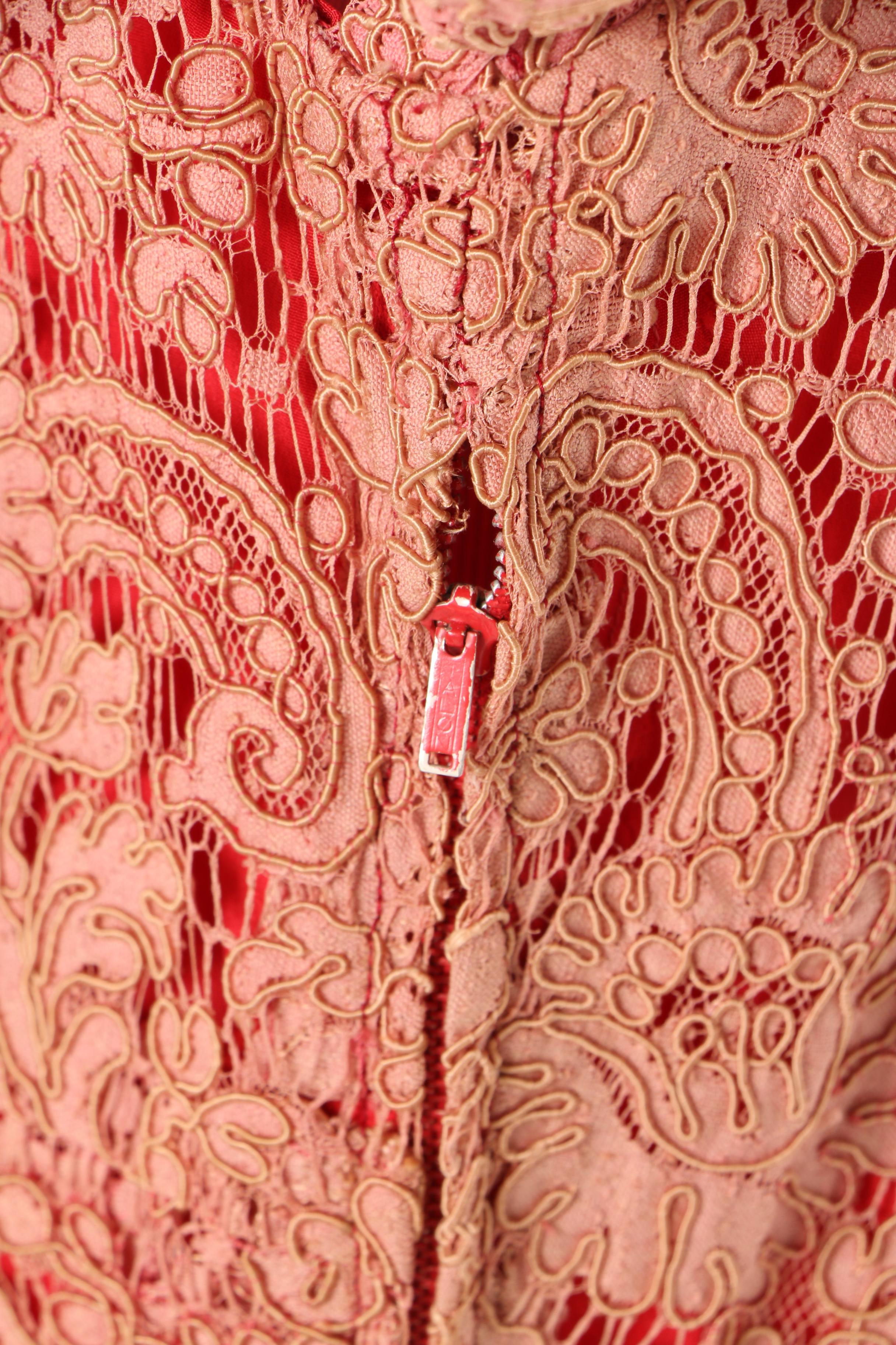 Women's 1950s Traina-Norell for Bonwit Teller Red and Pink Silk and Lace Dress