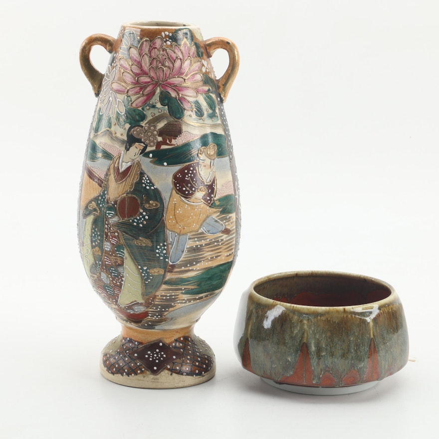 Japanese Satsuma Style Handmade Pictorial Vase with Drip Glaze Bowl