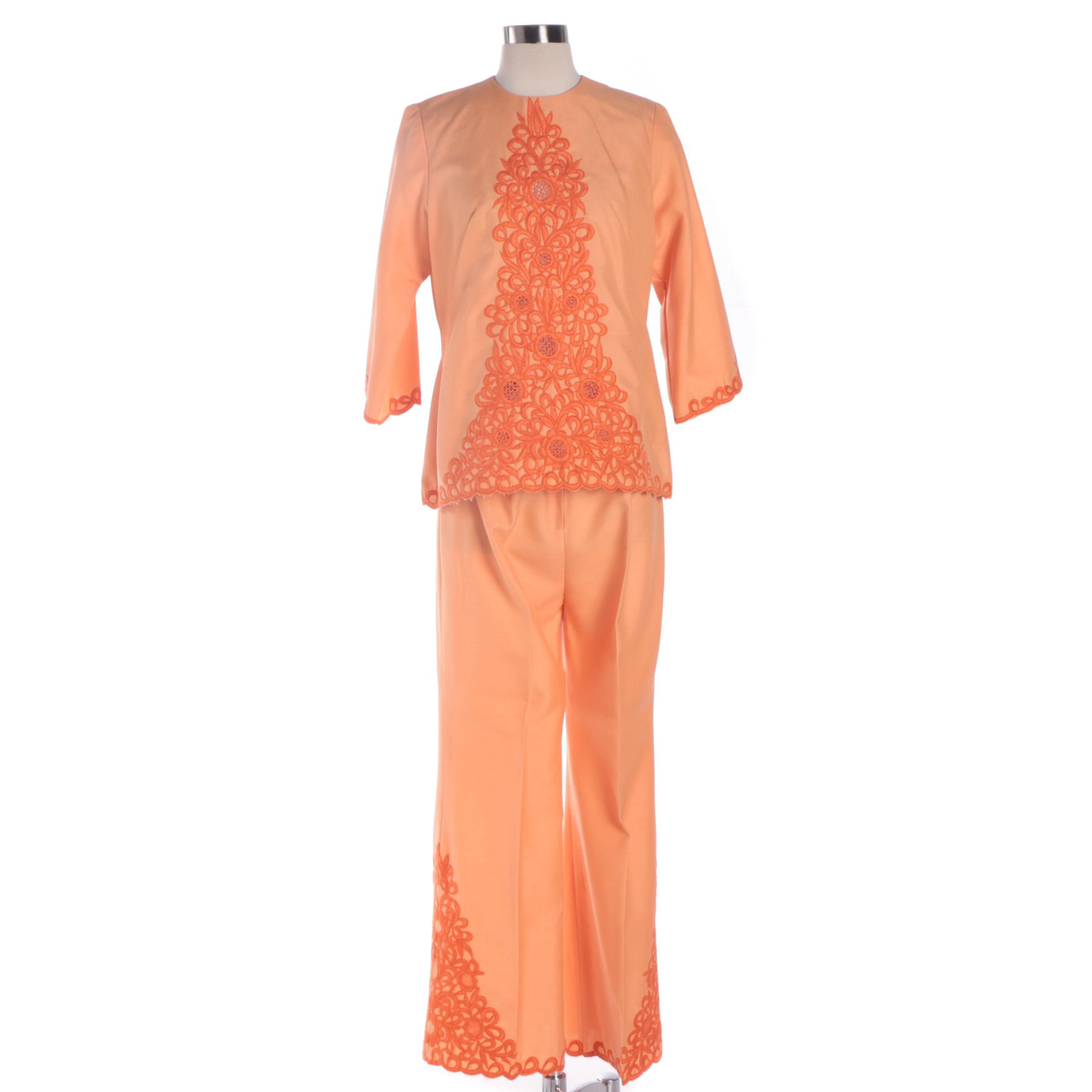 Women's 1960s Vintage Orange Linen Blend Floral Embroidered Blouse and Pant Set