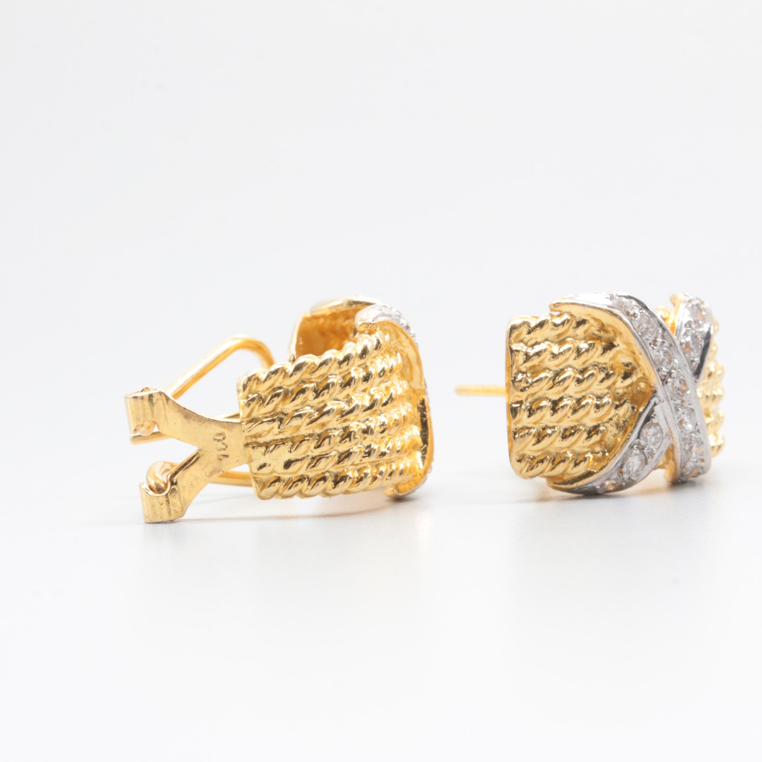 18K Yellow Gold Diamond Omega Back Earrings