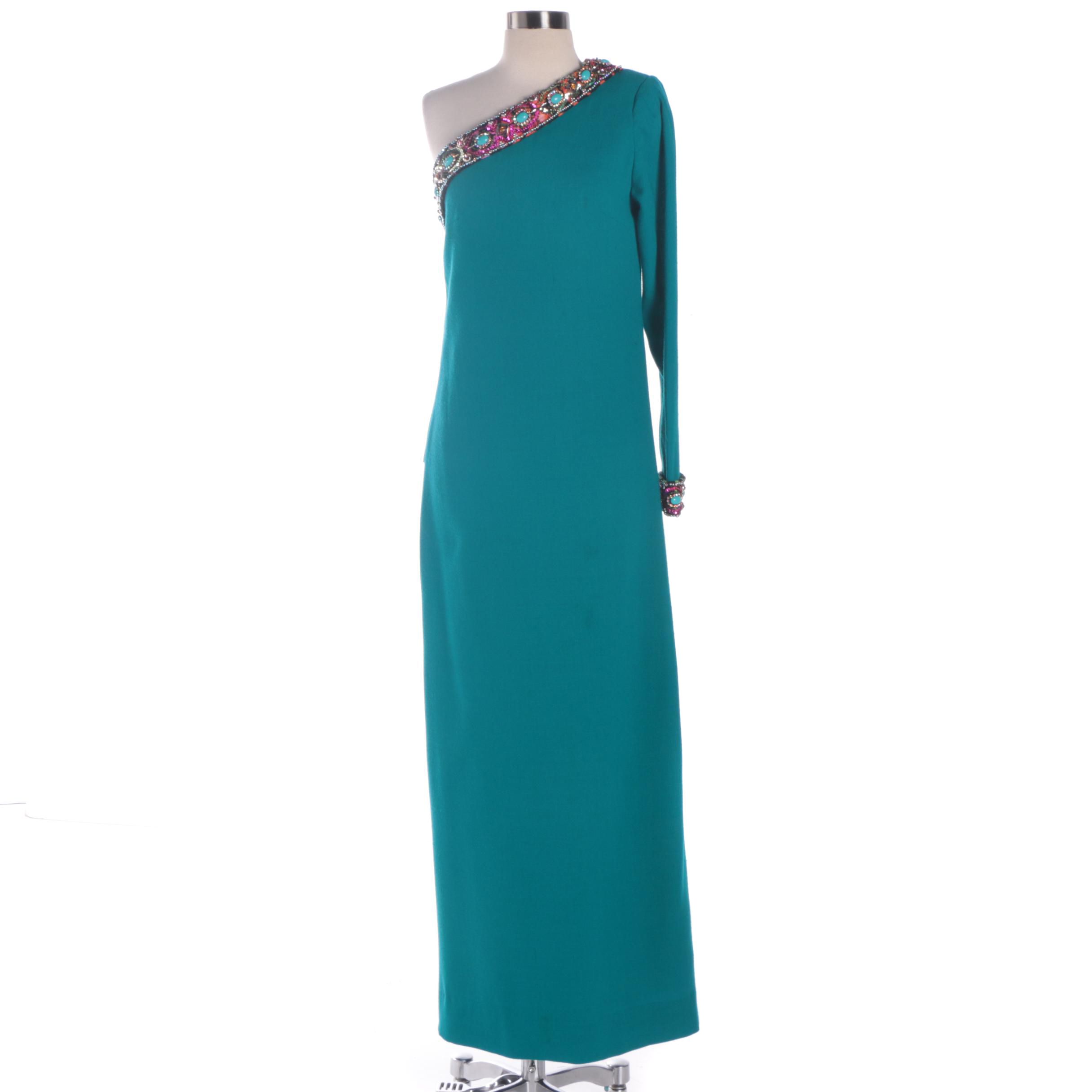 Women's 1980s Teal Wool Blend One-Shoulder Dress with Beaded Details