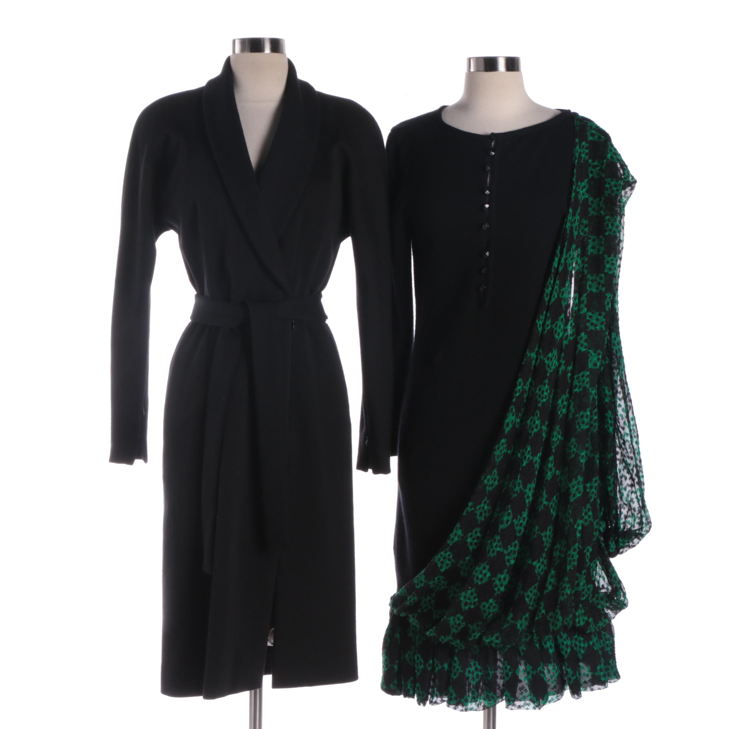 1980s Carolyne Roehm Black Wool and Silk Knit Dress with Other