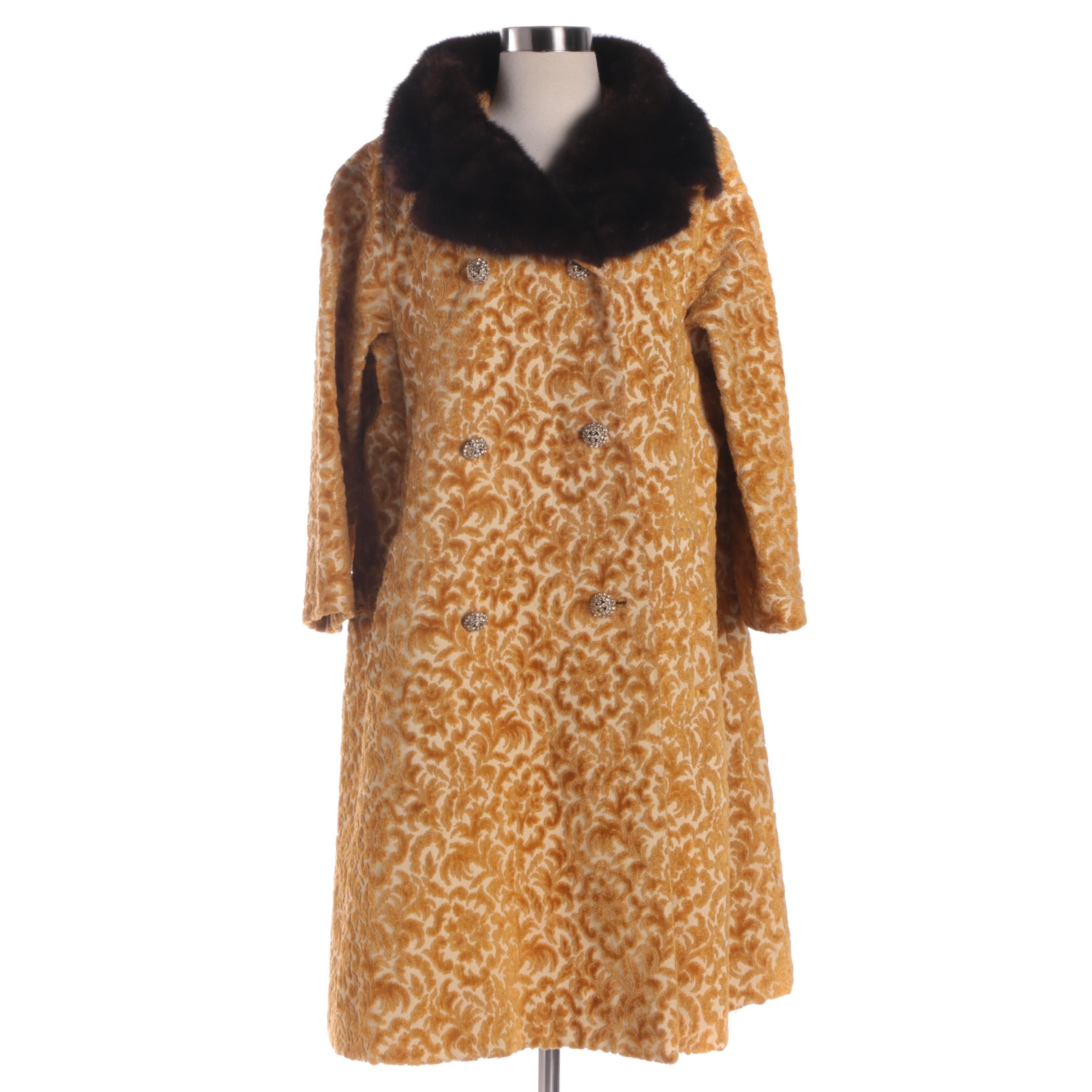 Women's 1960s Lilli Ann Gold Tone Velvet Carpetbag Coat with Mink Fur Collar