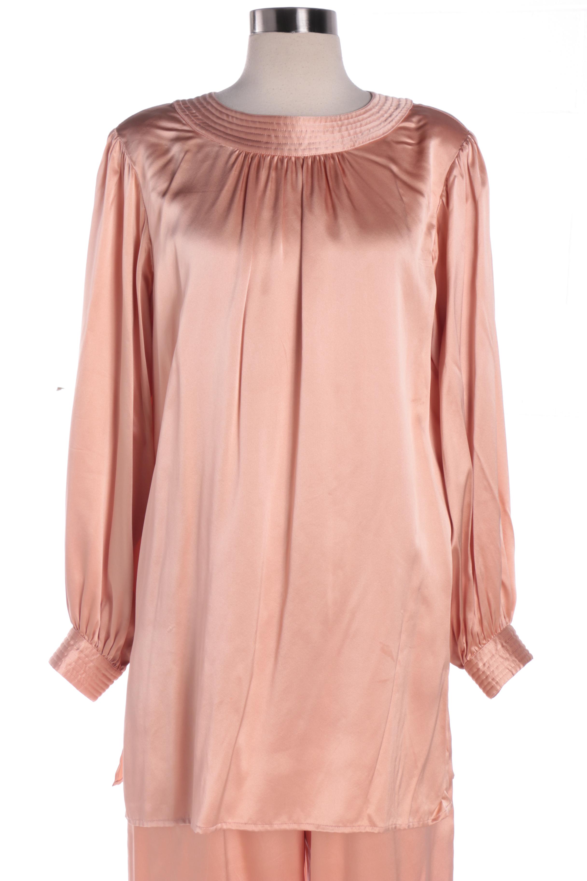 Women's 1970s Pierre Cardin Blush Peach Silk Blouse and Pants Set