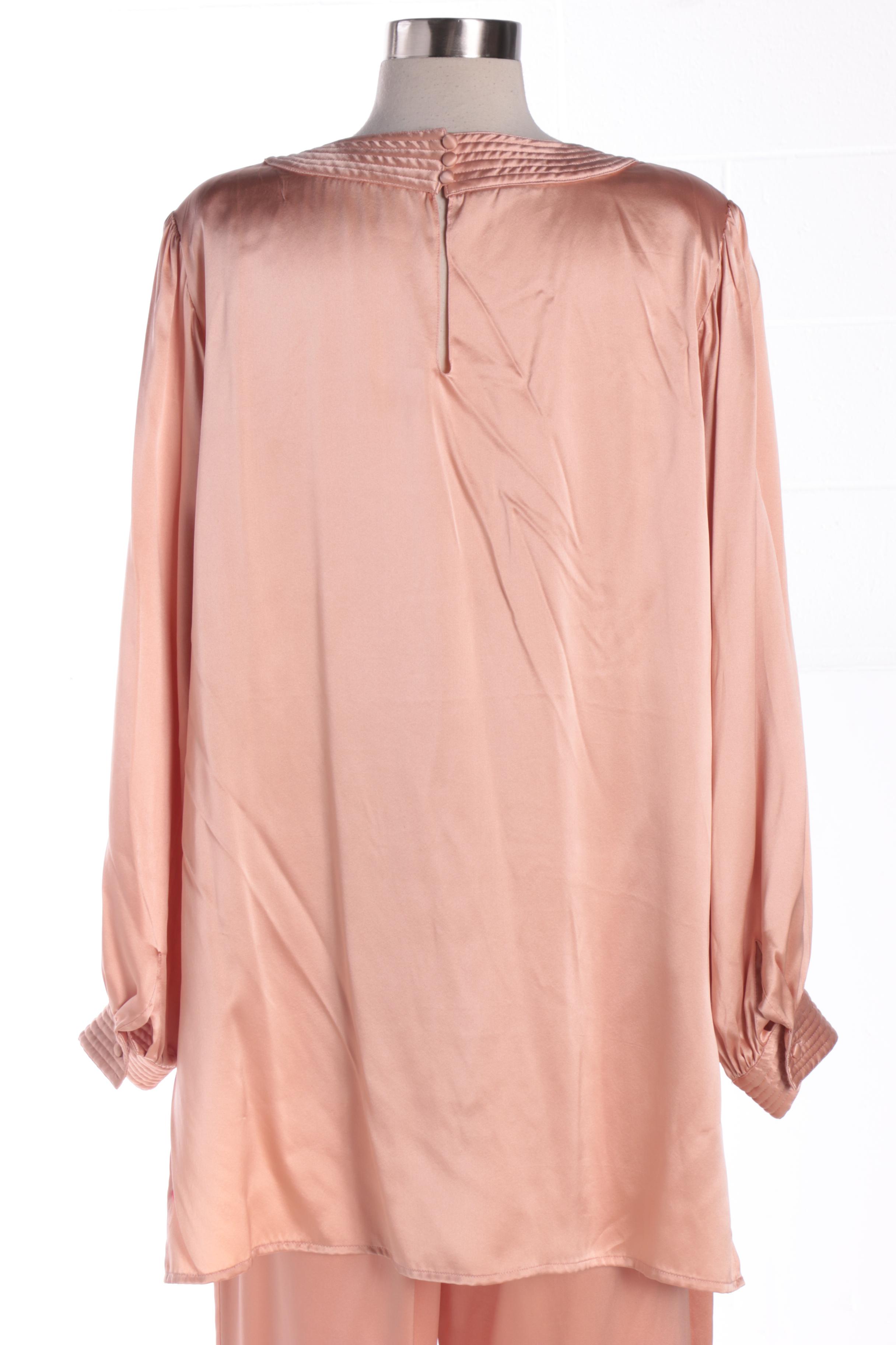 Women's 1970s Pierre Cardin Blush Peach Silk Blouse and Pants Set