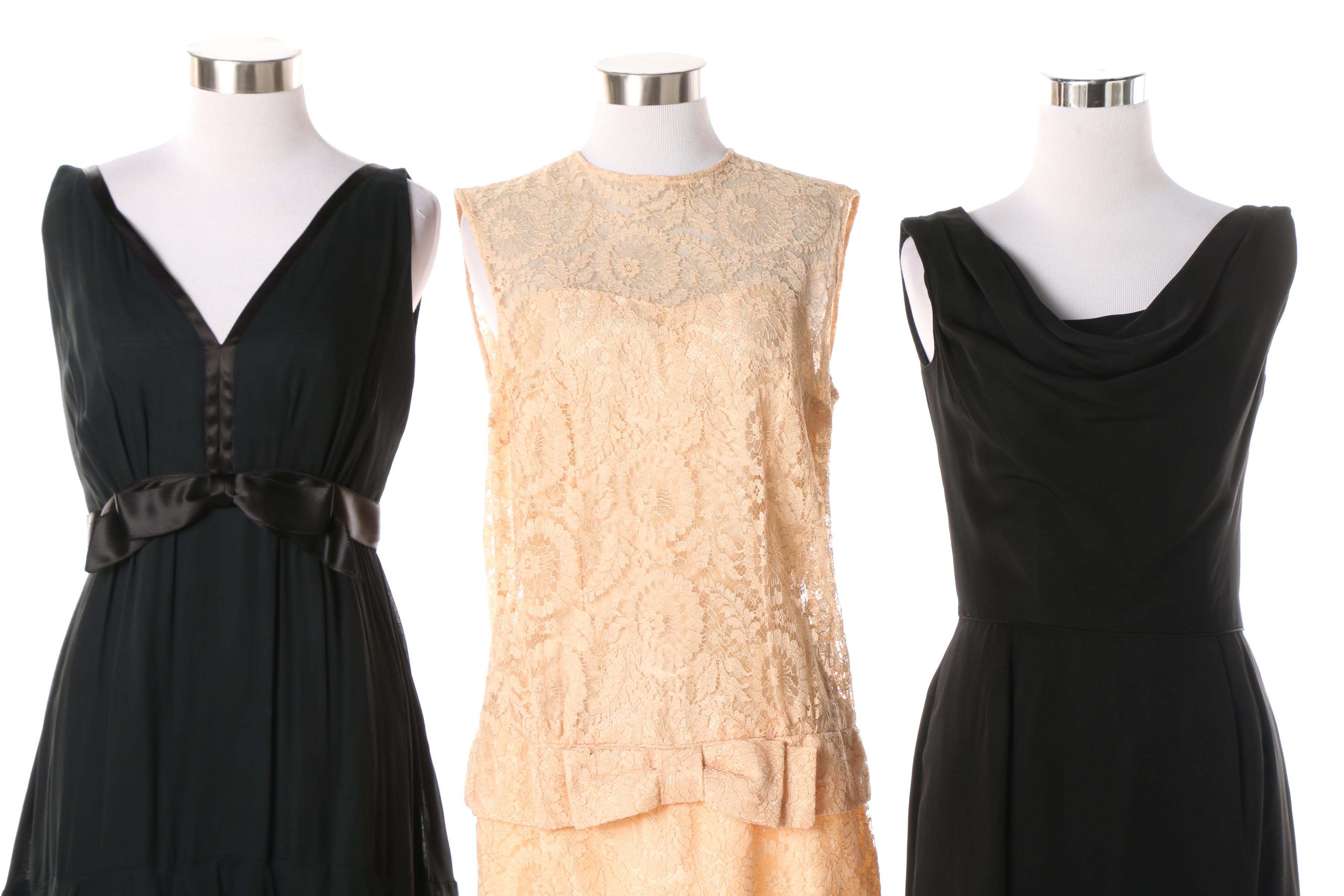 1960s Evening Dresses Including Draped Neck, Empire Waist and Lace Drop Waist