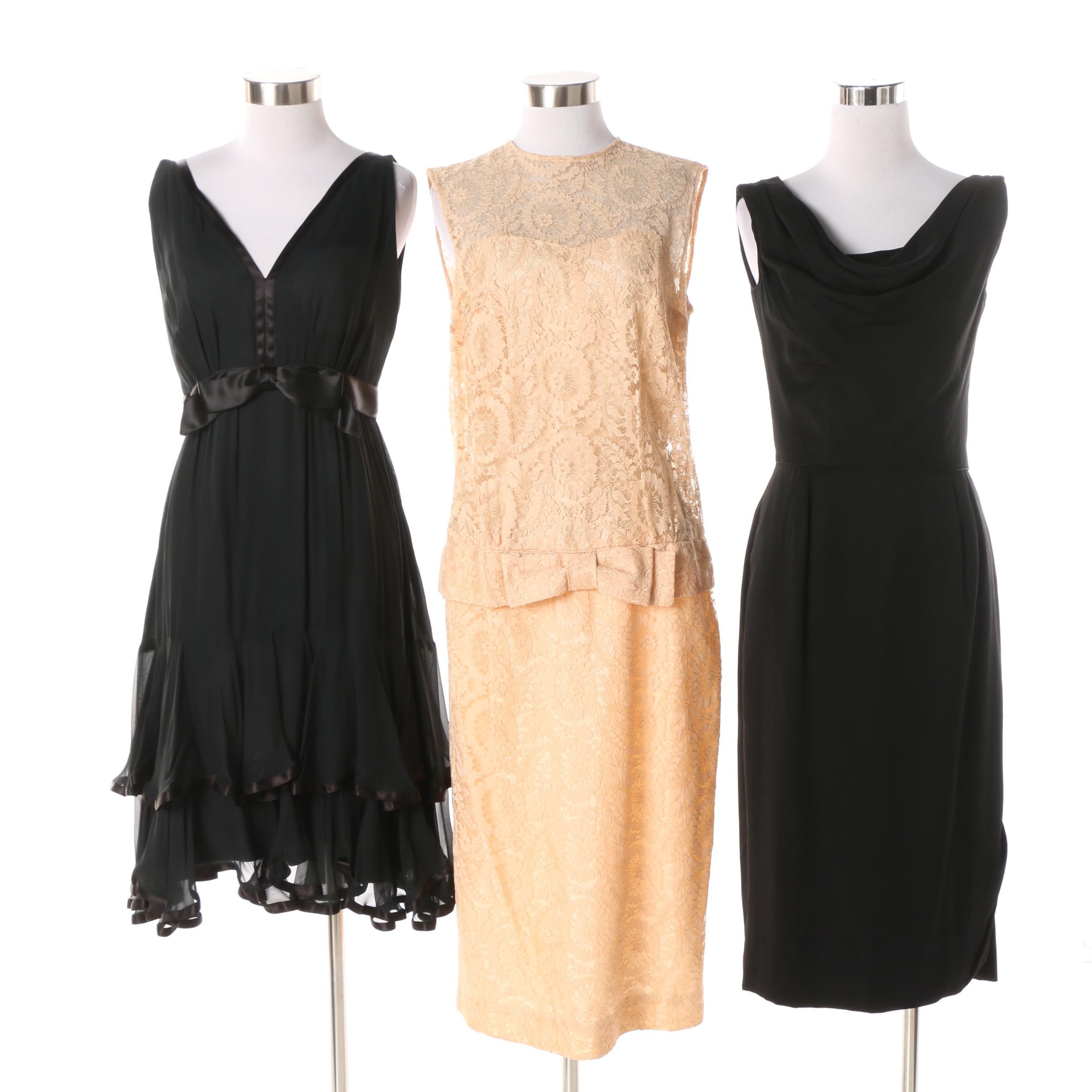 1960s Evening Dresses Including Draped Neck, Empire Waist and Lace Drop Waist