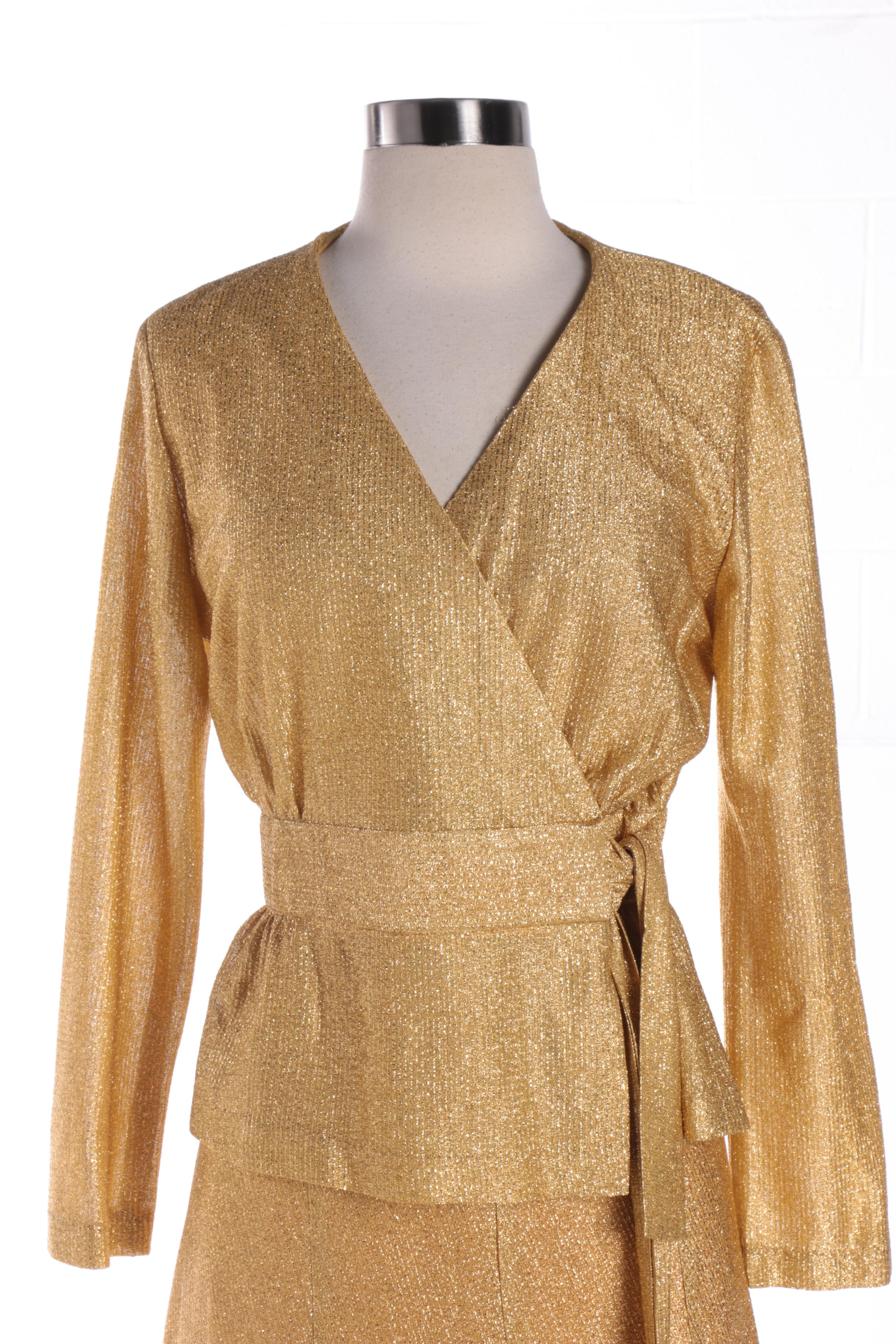 Circa 1970s Beverly Paige Metallic Gold Maxi Skirt and Wrap Blouse