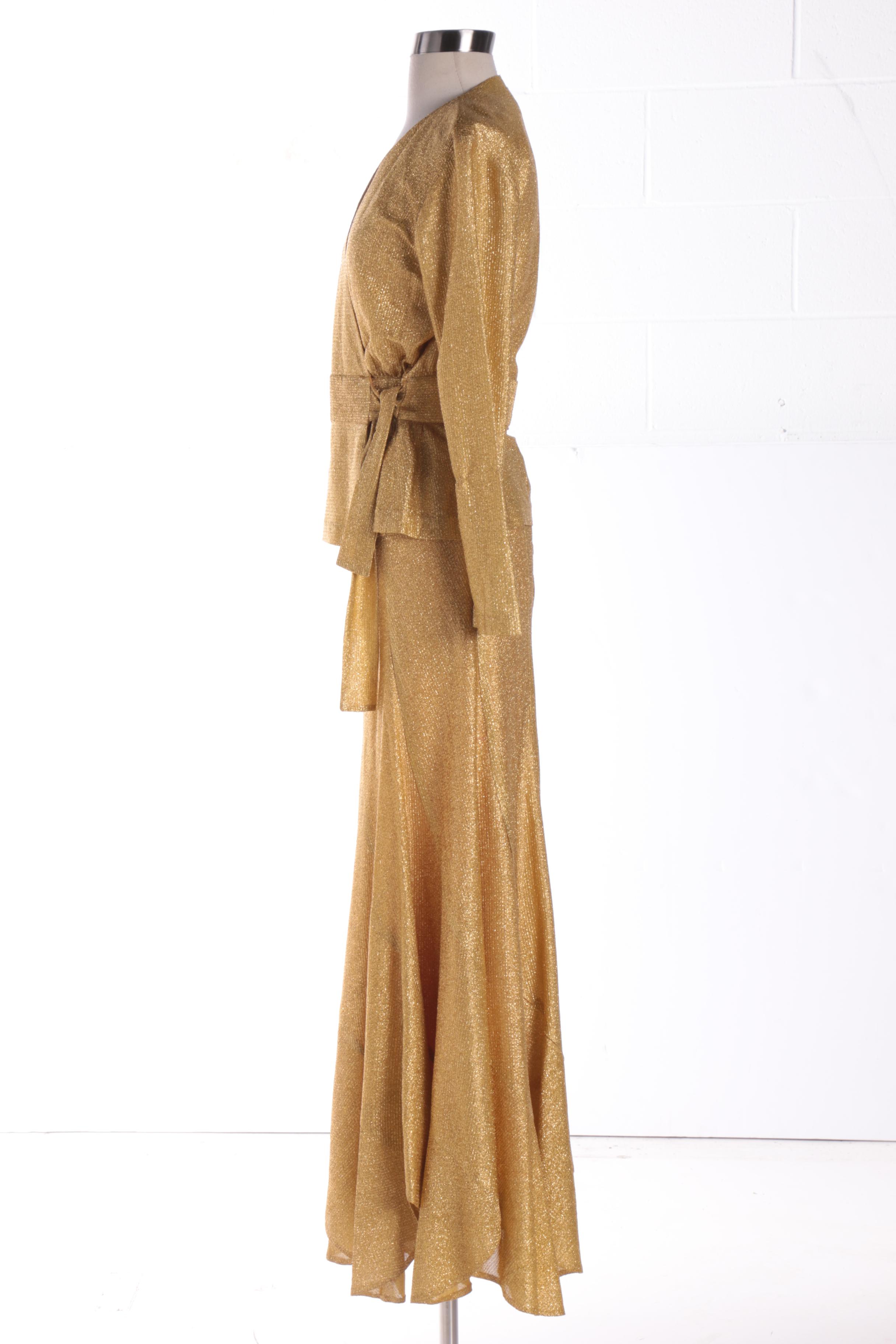 Circa 1970s Beverly Paige Metallic Gold Maxi Skirt and Wrap Blouse