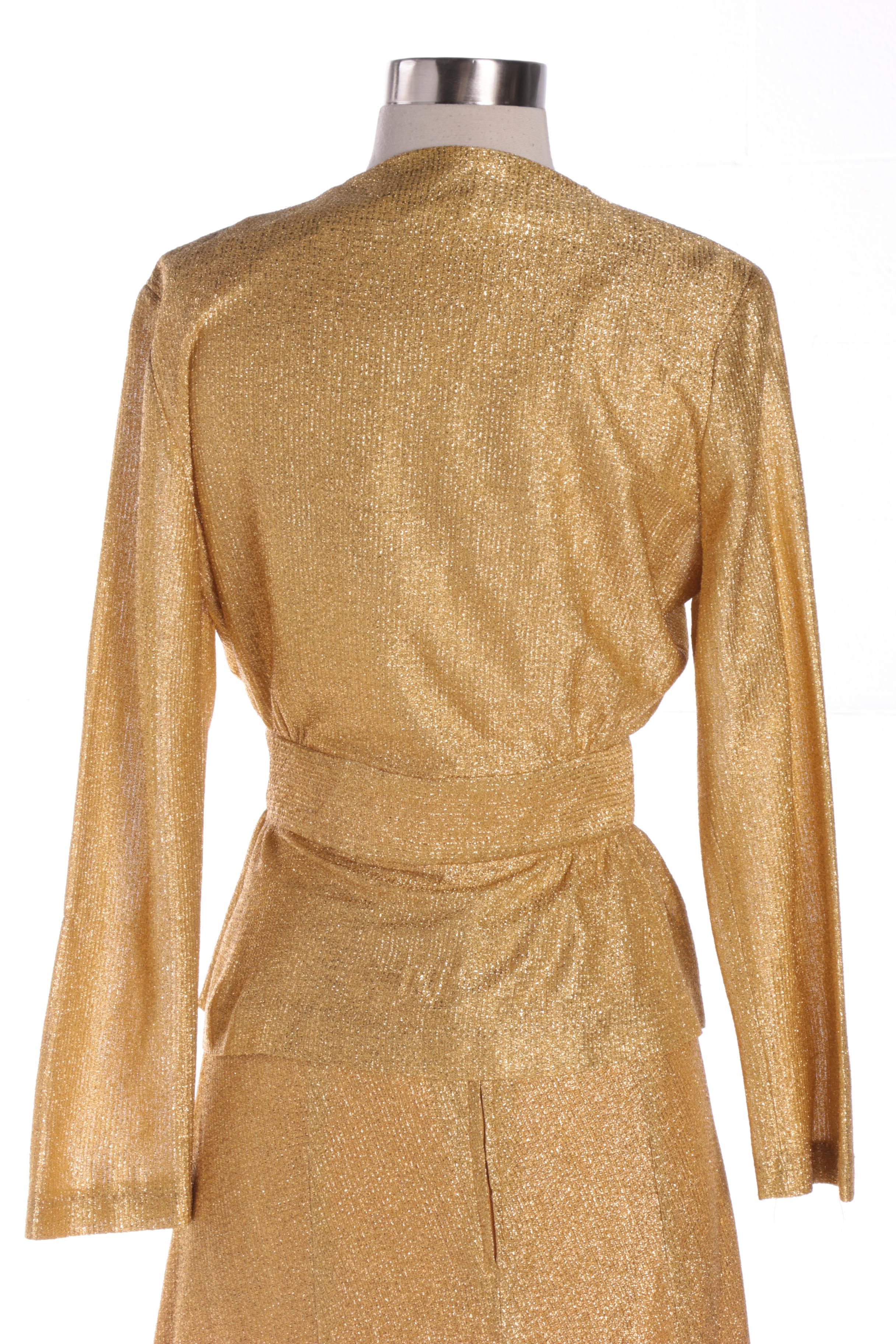 Circa 1970s Beverly Paige Metallic Gold Maxi Skirt and Wrap Blouse