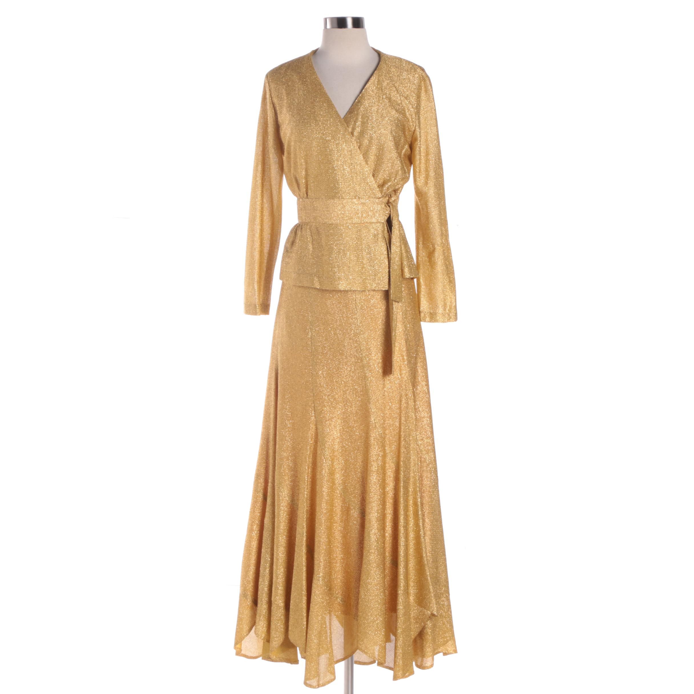Circa 1970s Beverly Paige Metallic Gold Maxi Skirt and Wrap Blouse