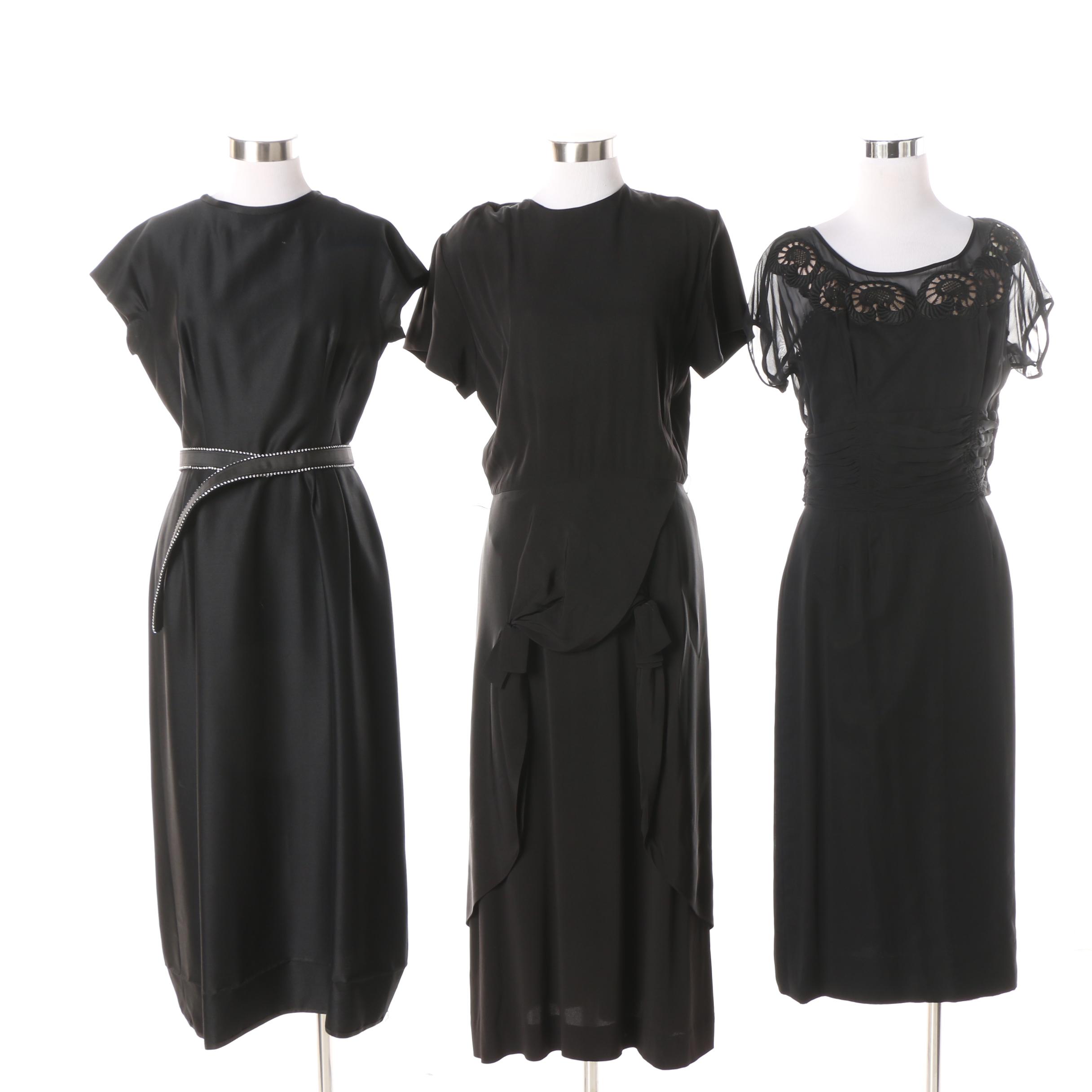 1950s Black Satin Dress with Theatre Bow Drape Skirt and Others