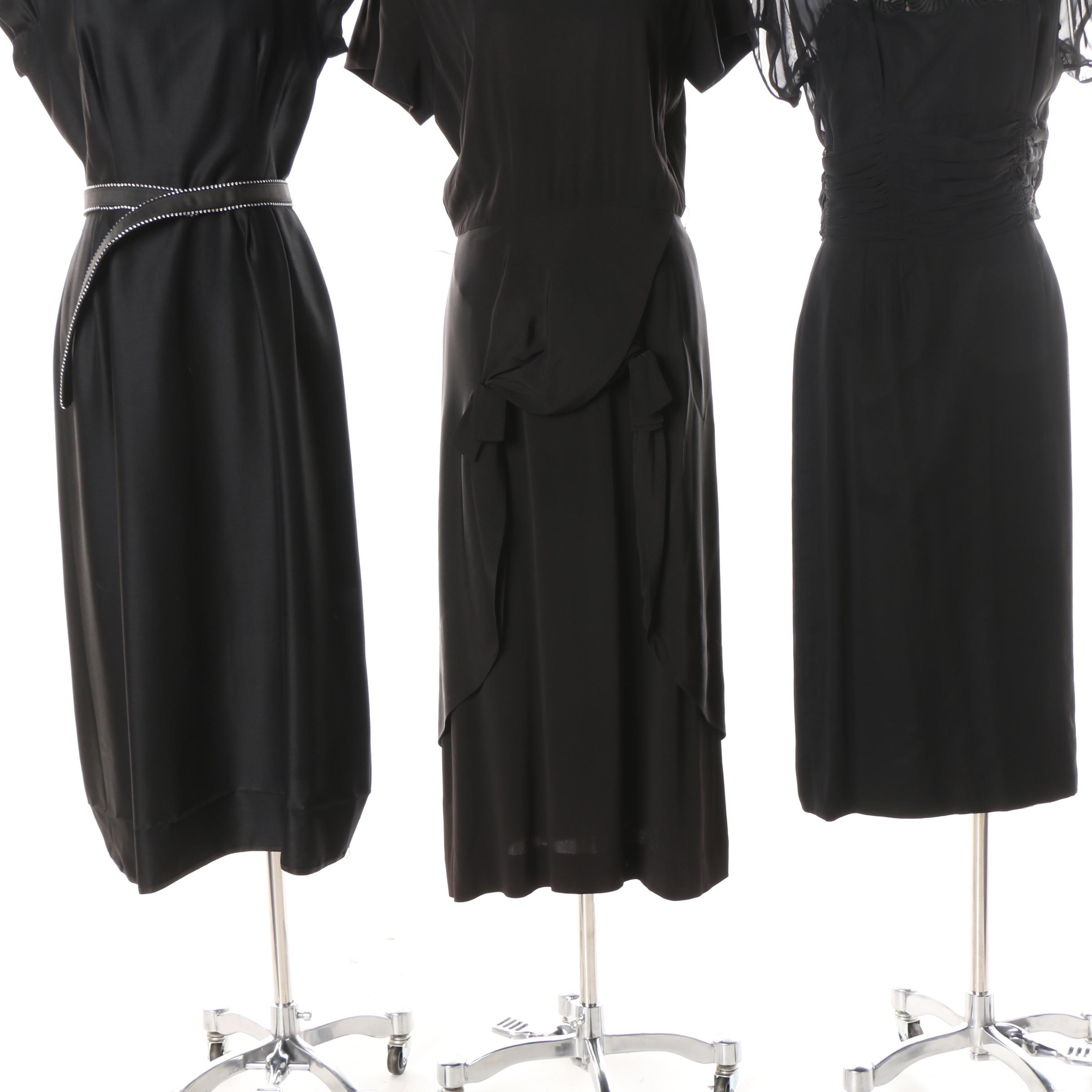 1950s Black Satin Dress with Theatre Bow Drape Skirt and Others