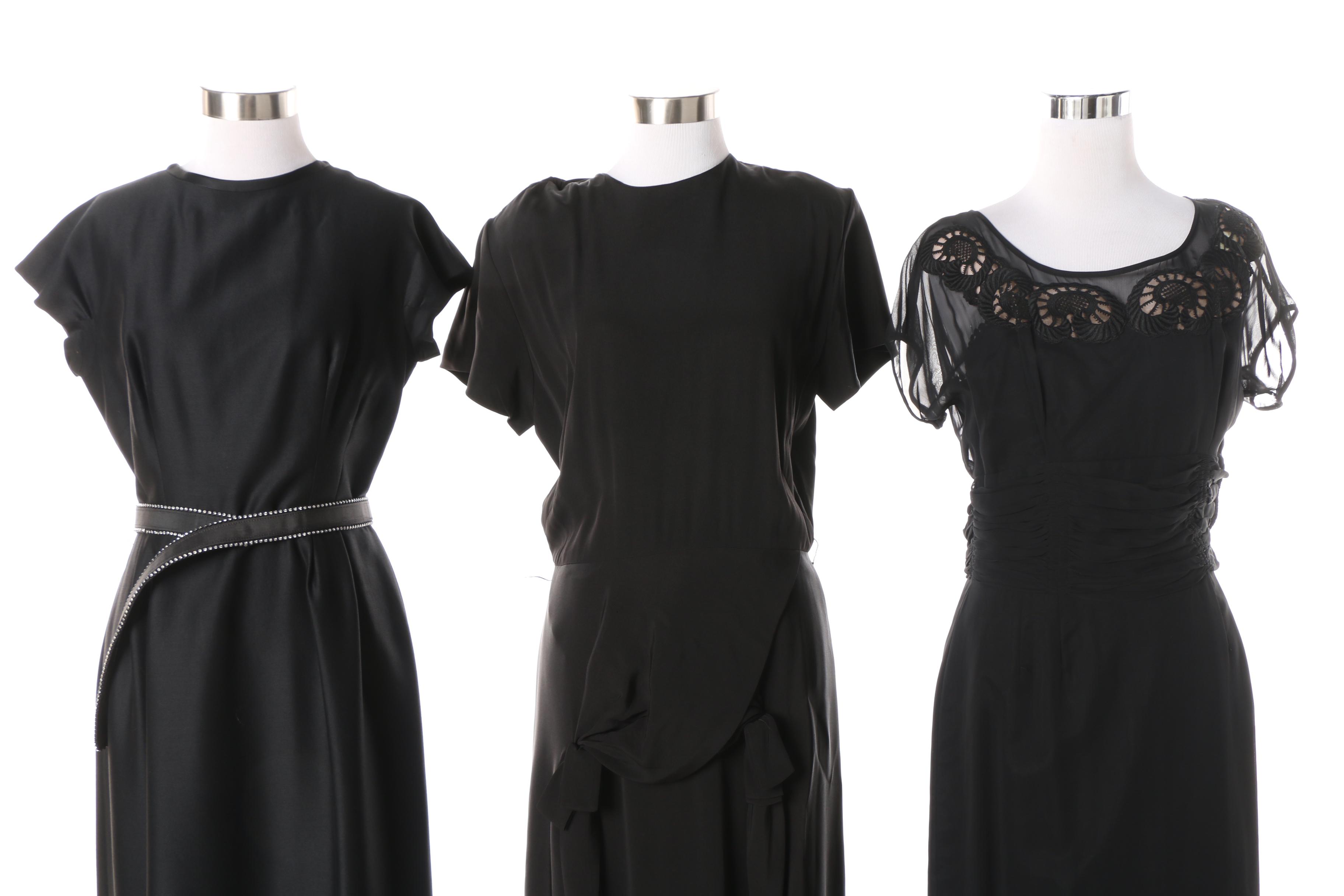 1950s Black Satin Dress with Theatre Bow Drape Skirt and Others