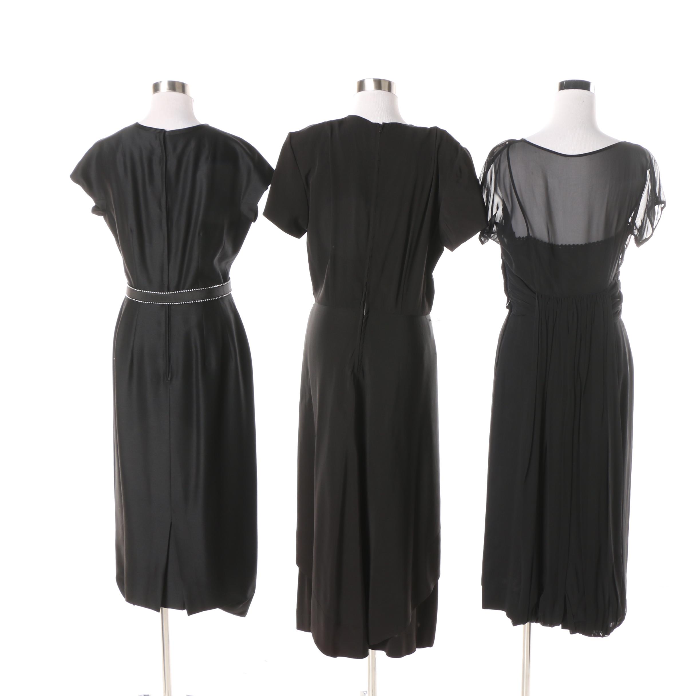 1950s Black Satin Dress with Theatre Bow Drape Skirt and Others