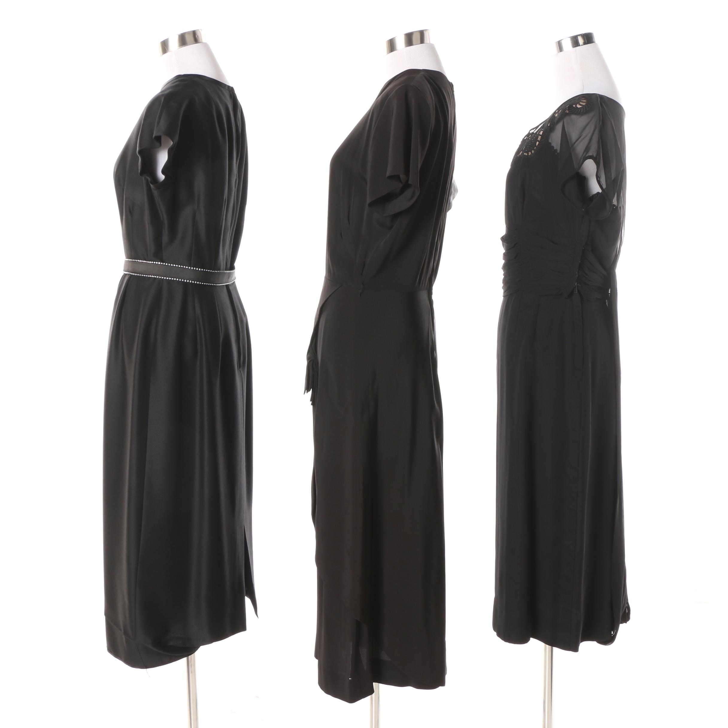 1950s Black Satin Dress with Theatre Bow Drape Skirt and Others