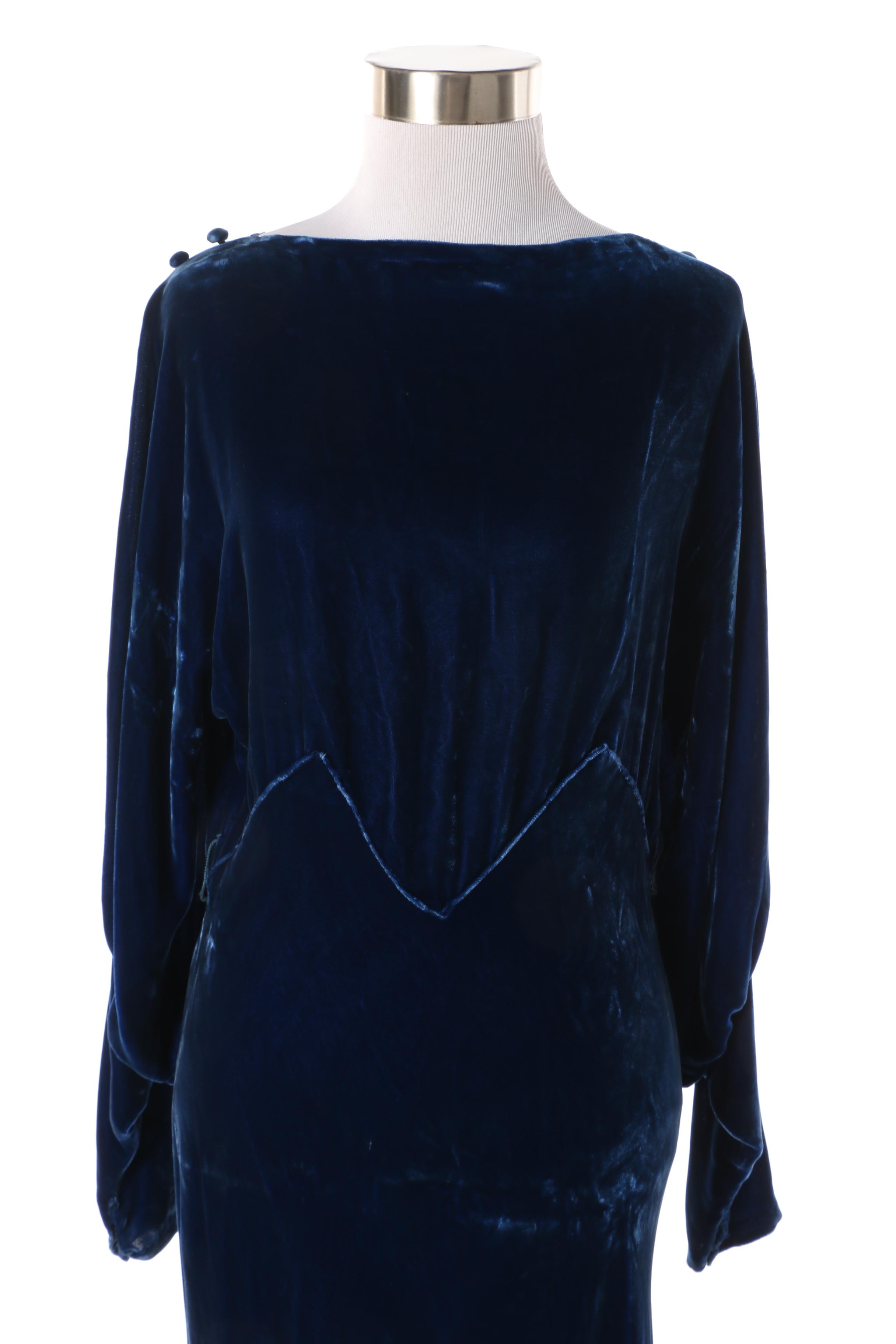 1930s Bias Cut Blue Velvet Evening Dress with Bishop Sleeves and Button Detail