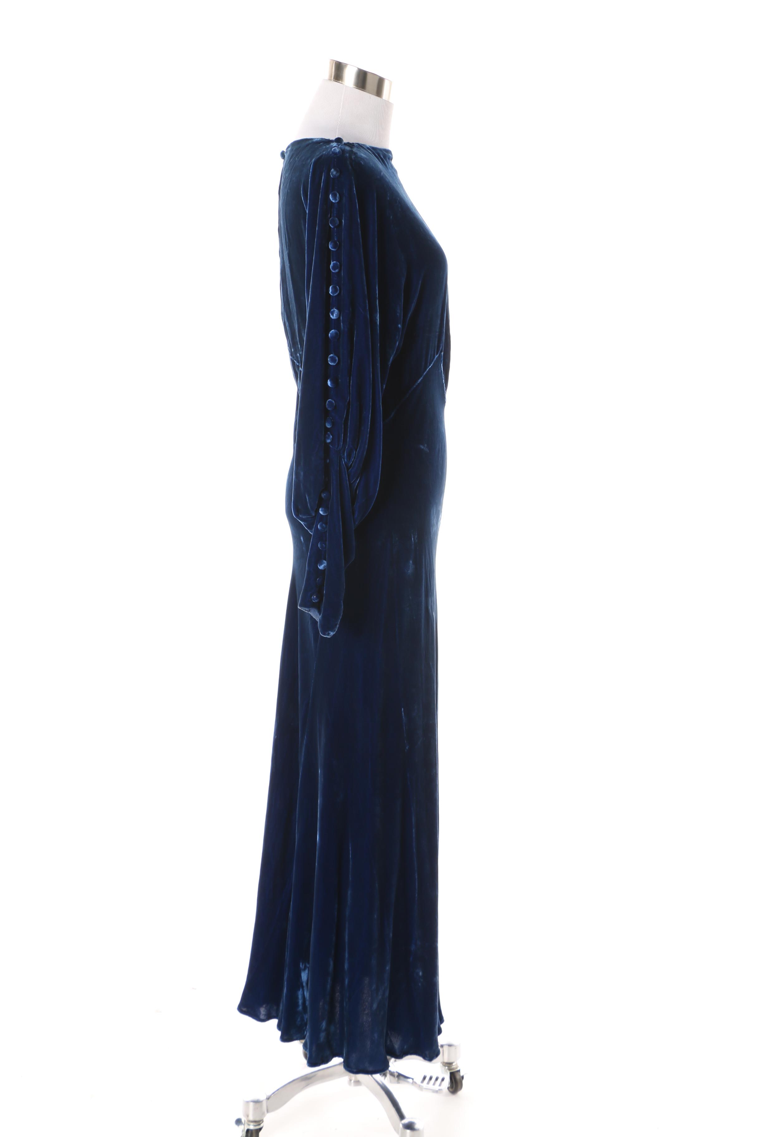 1930s Bias Cut Blue Velvet Evening Dress with Bishop Sleeves and Button Detail