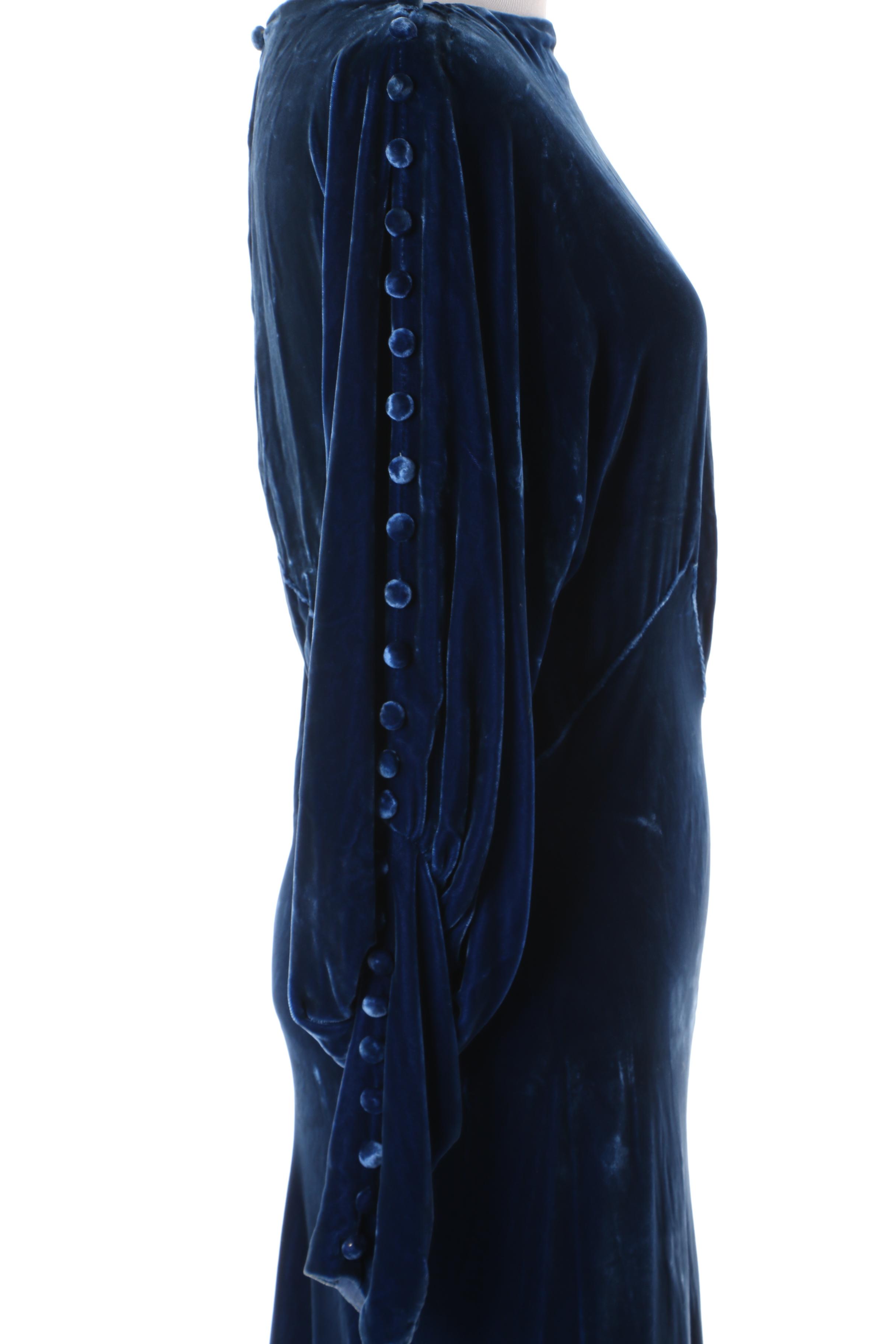 1930s Bias Cut Blue Velvet Evening Dress with Bishop Sleeves and Button Detail