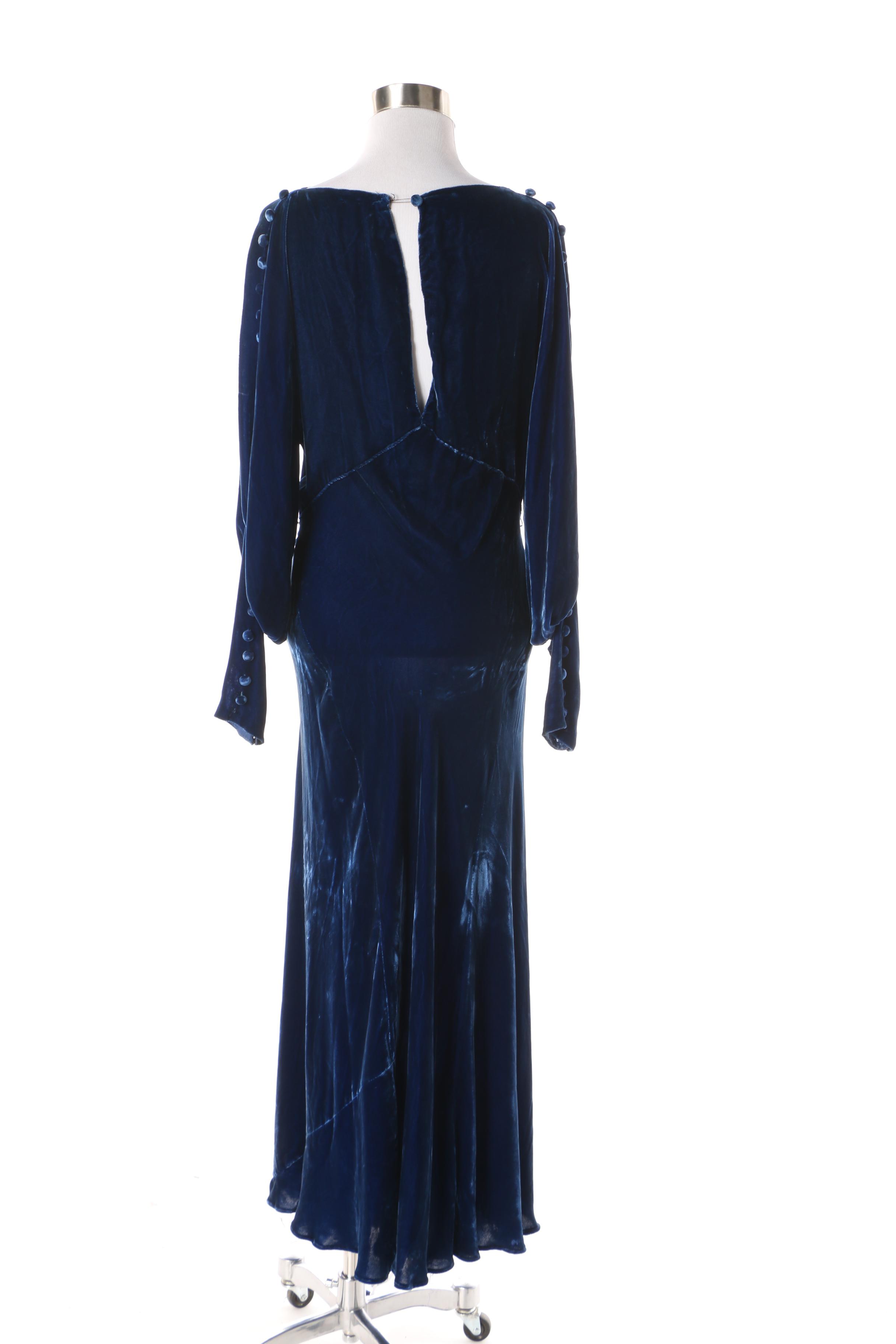 1930s Bias Cut Blue Velvet Evening Dress with Bishop Sleeves and Button Detail