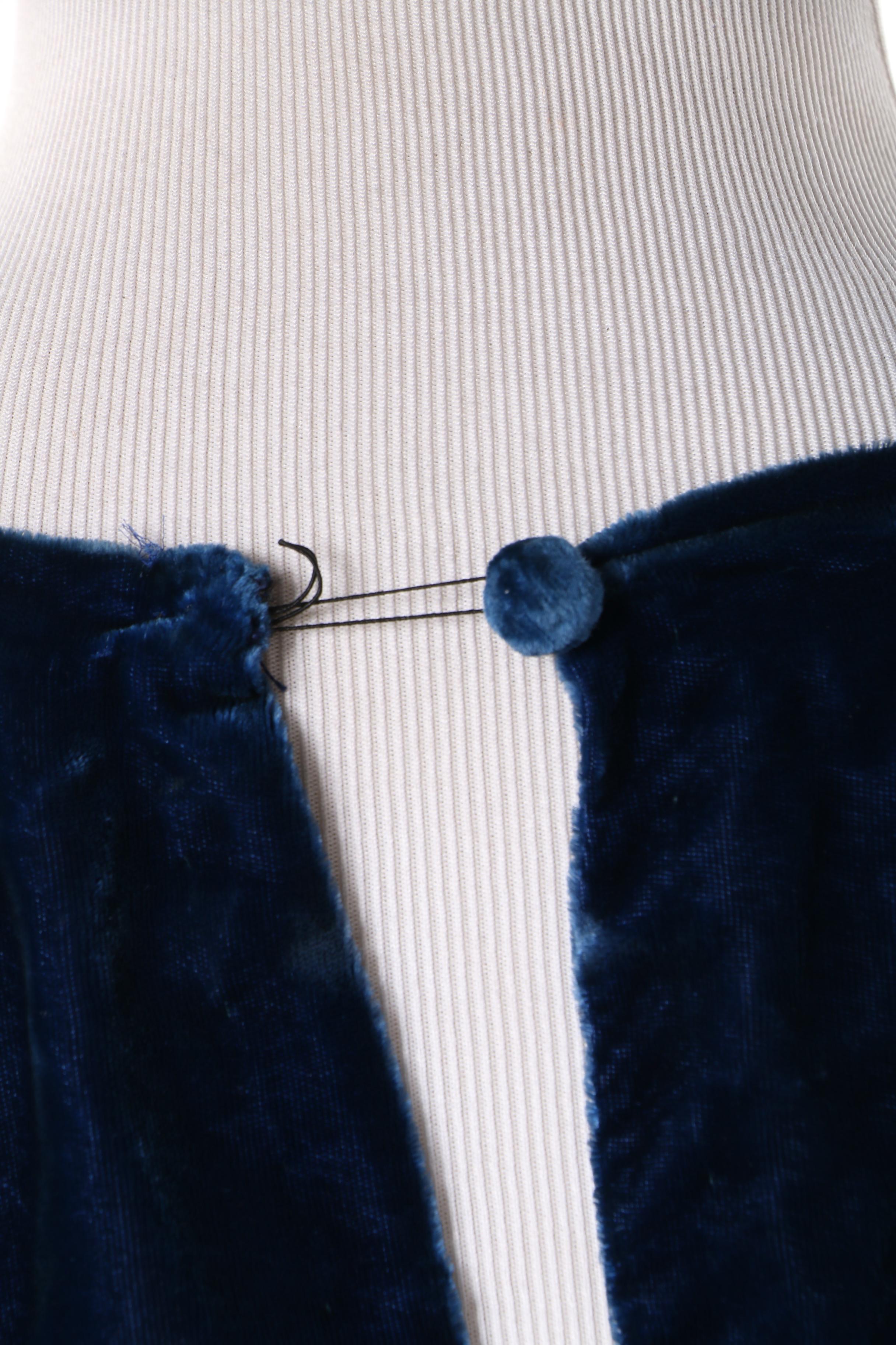 1930s Bias Cut Blue Velvet Evening Dress with Bishop Sleeves and Button Detail