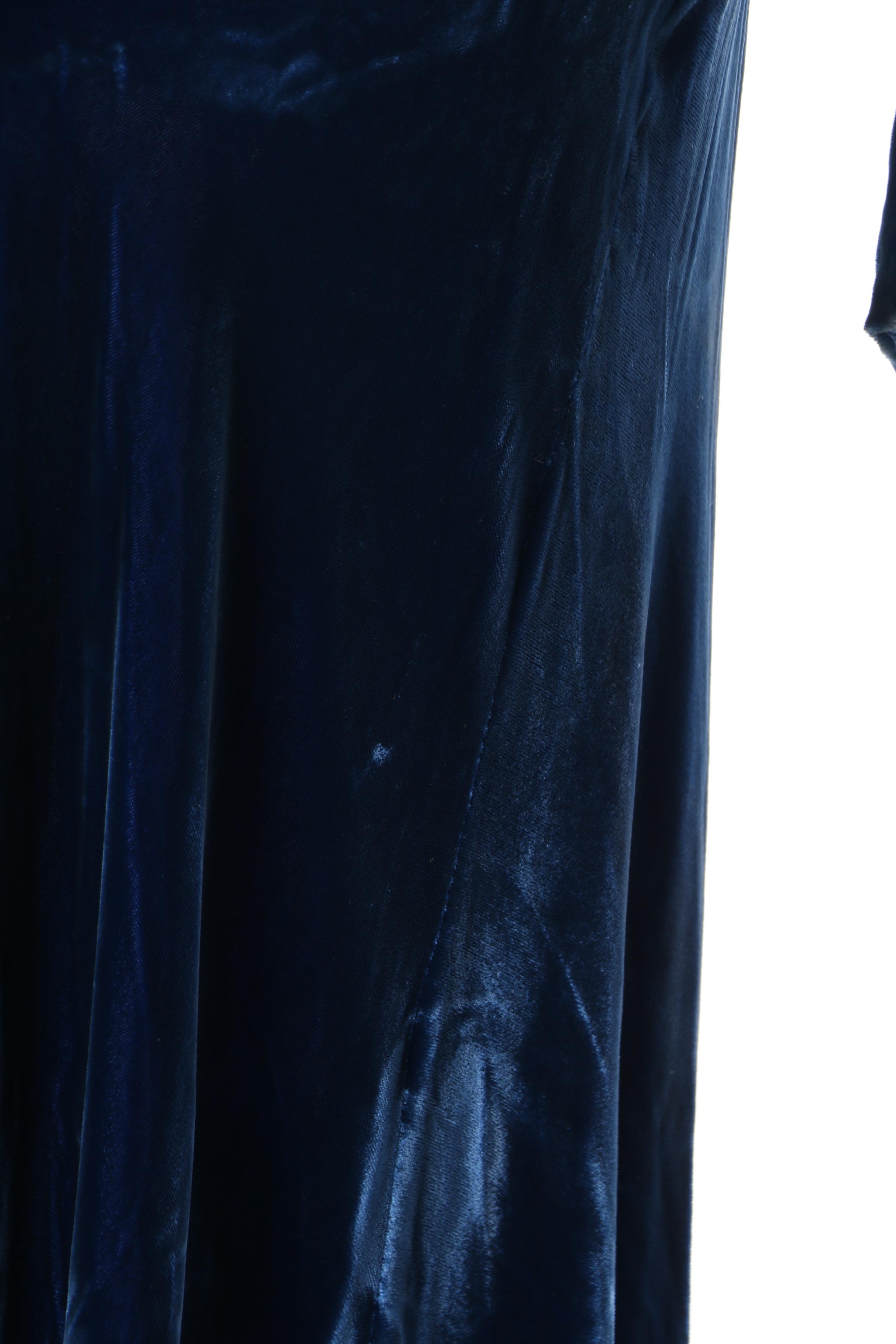 1930s Bias Cut Blue Velvet Evening Dress with Bishop Sleeves and Button Detail