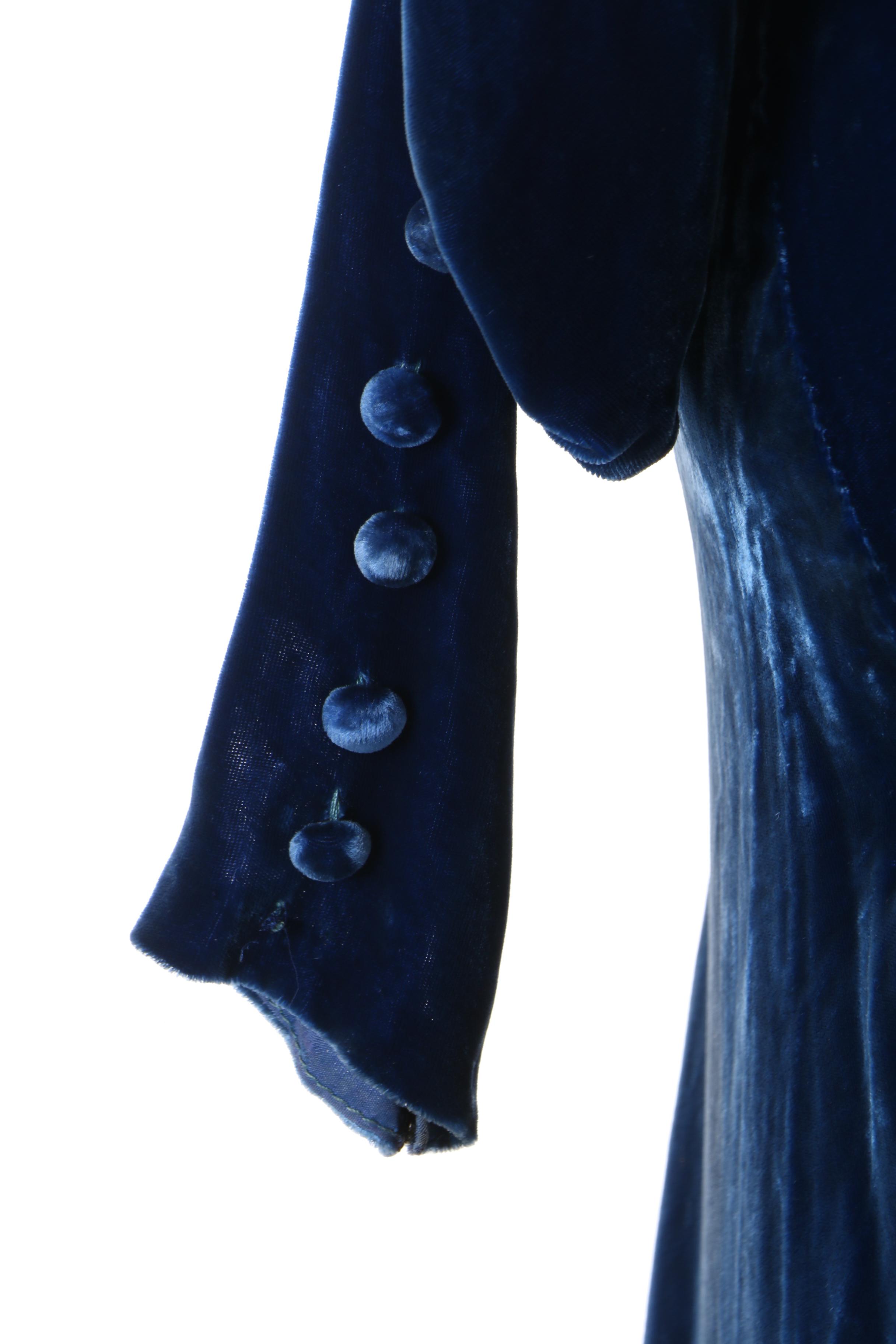 1930s Bias Cut Blue Velvet Evening Dress with Bishop Sleeves and Button Detail