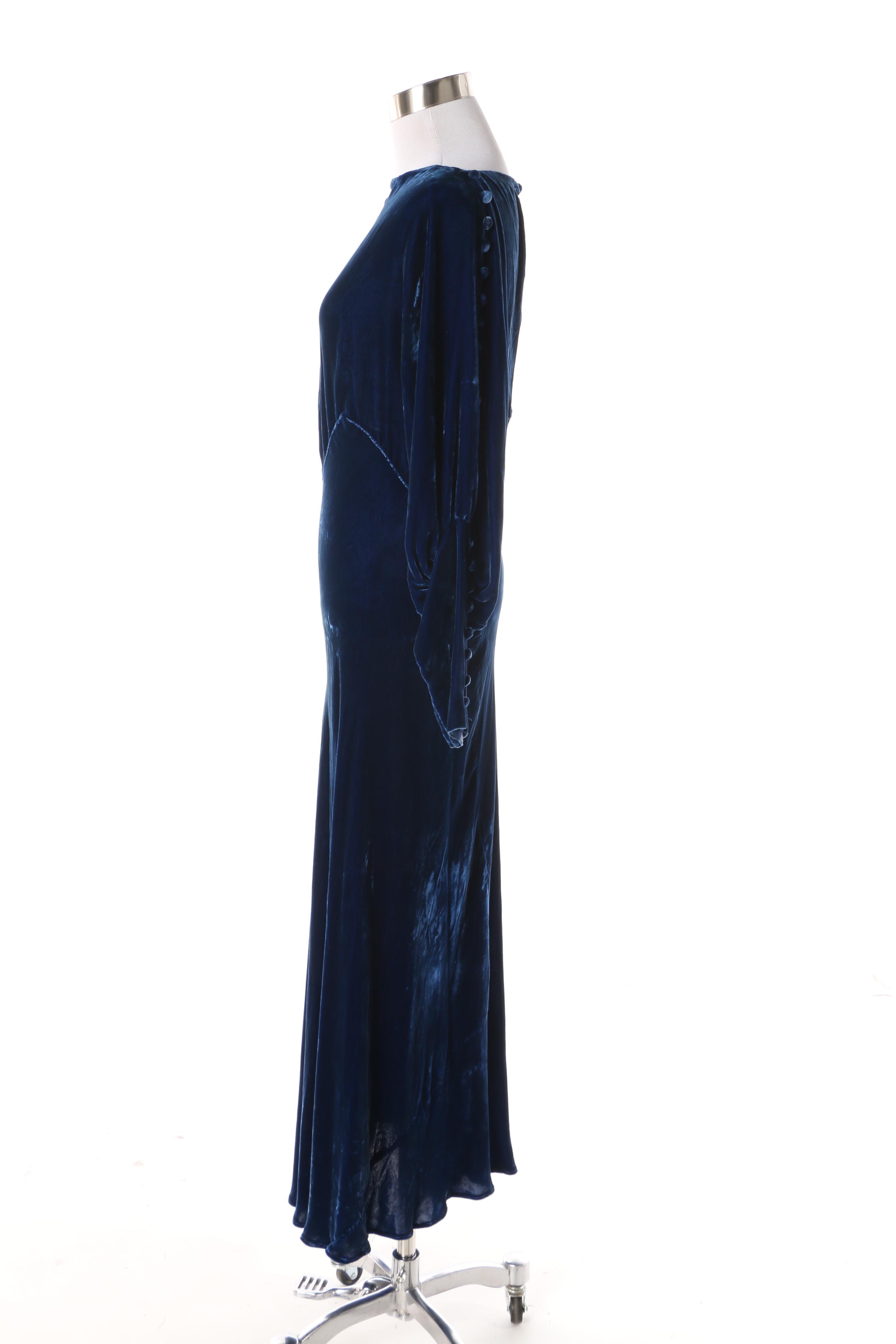 1930s Bias Cut Blue Velvet Evening Dress with Bishop Sleeves and Button Detail
