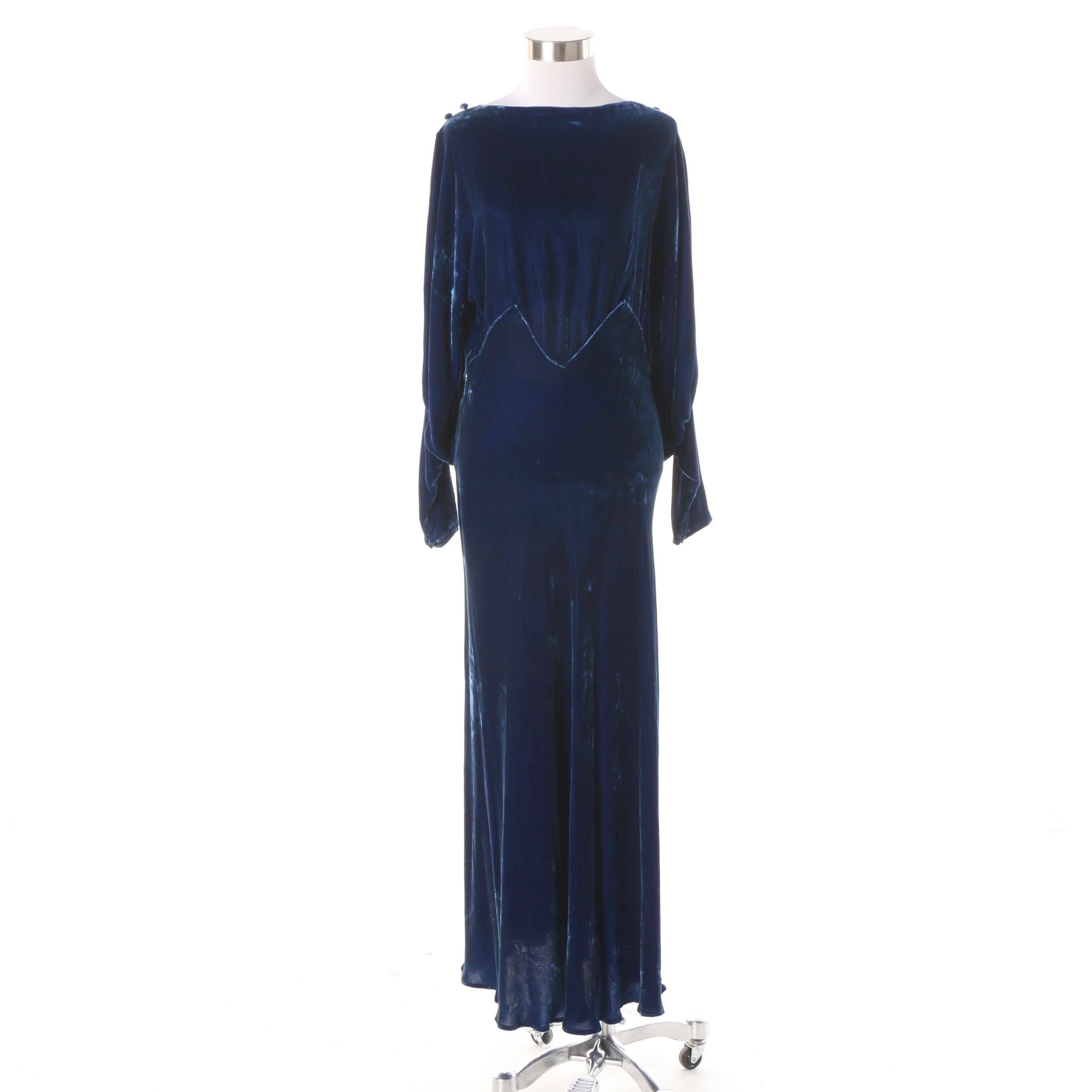 1930s Bias Cut Blue Velvet Evening Dress with Bishop Sleeves and Button Detail