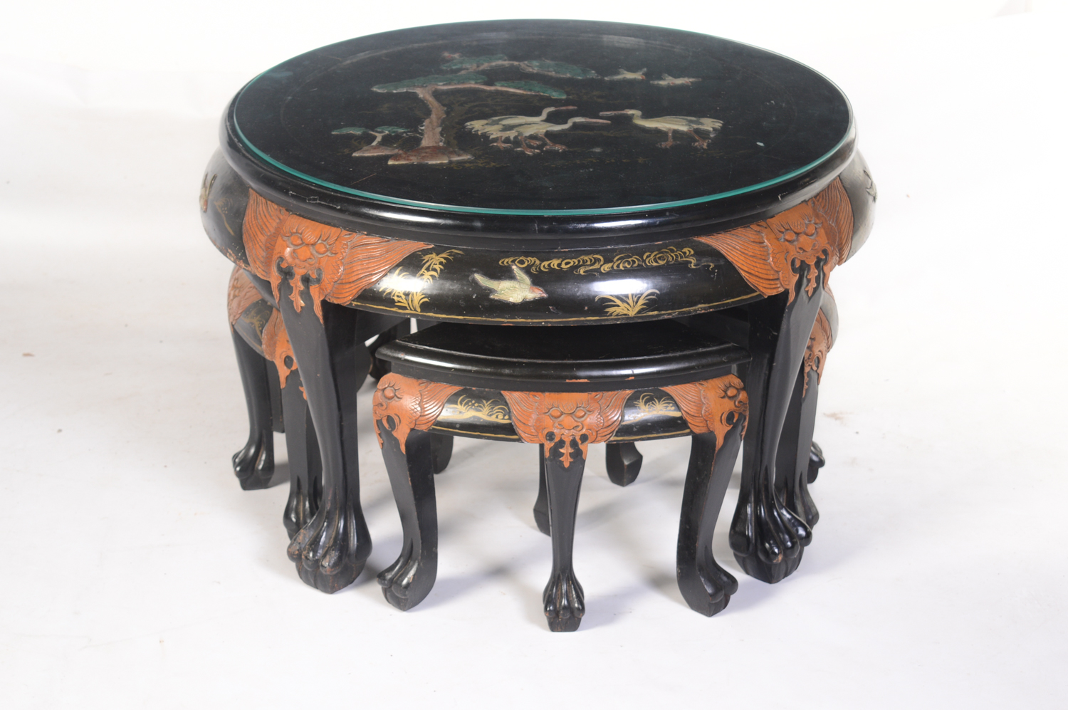 Vintage Chinese Black Lacquered Coffee Table with Nesting Stools