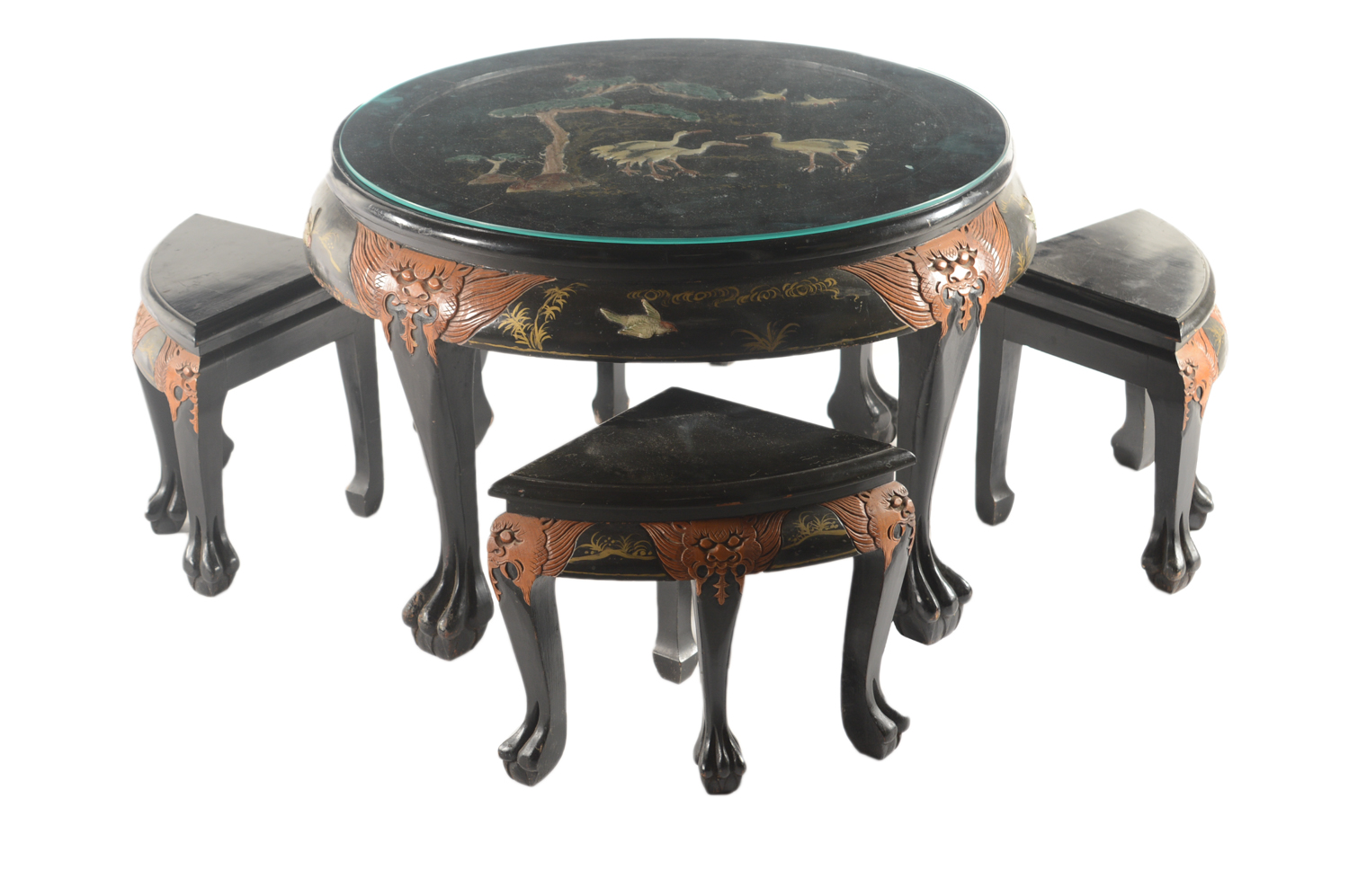 Vintage Chinese Black Lacquered Coffee Table with Nesting Stools
