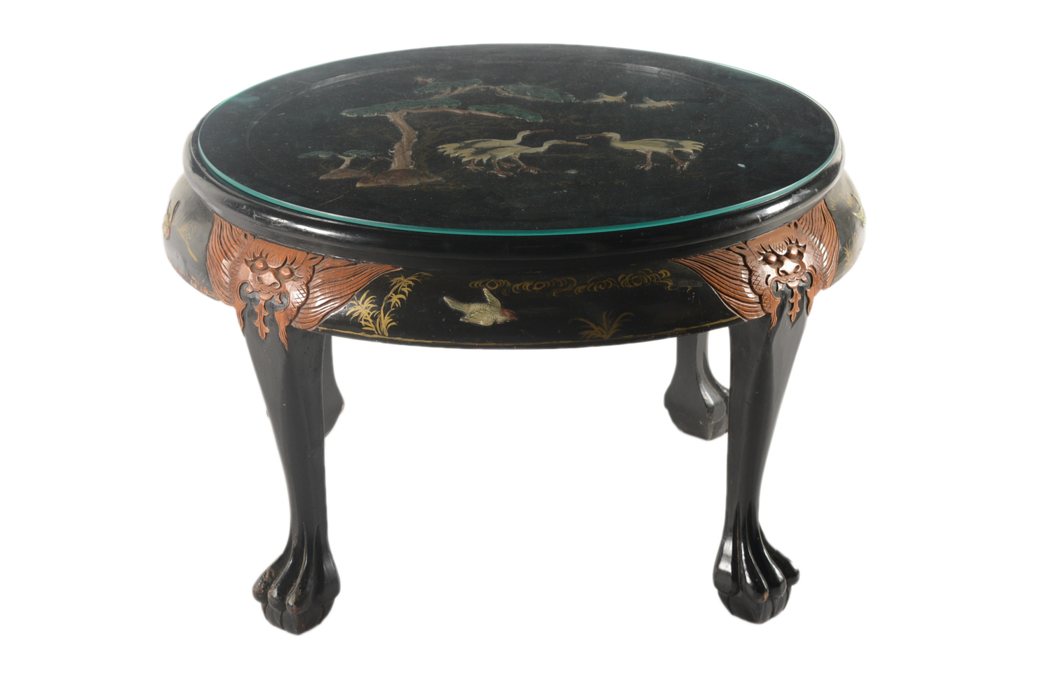 Vintage Chinese Black Lacquered Coffee Table with Nesting Stools